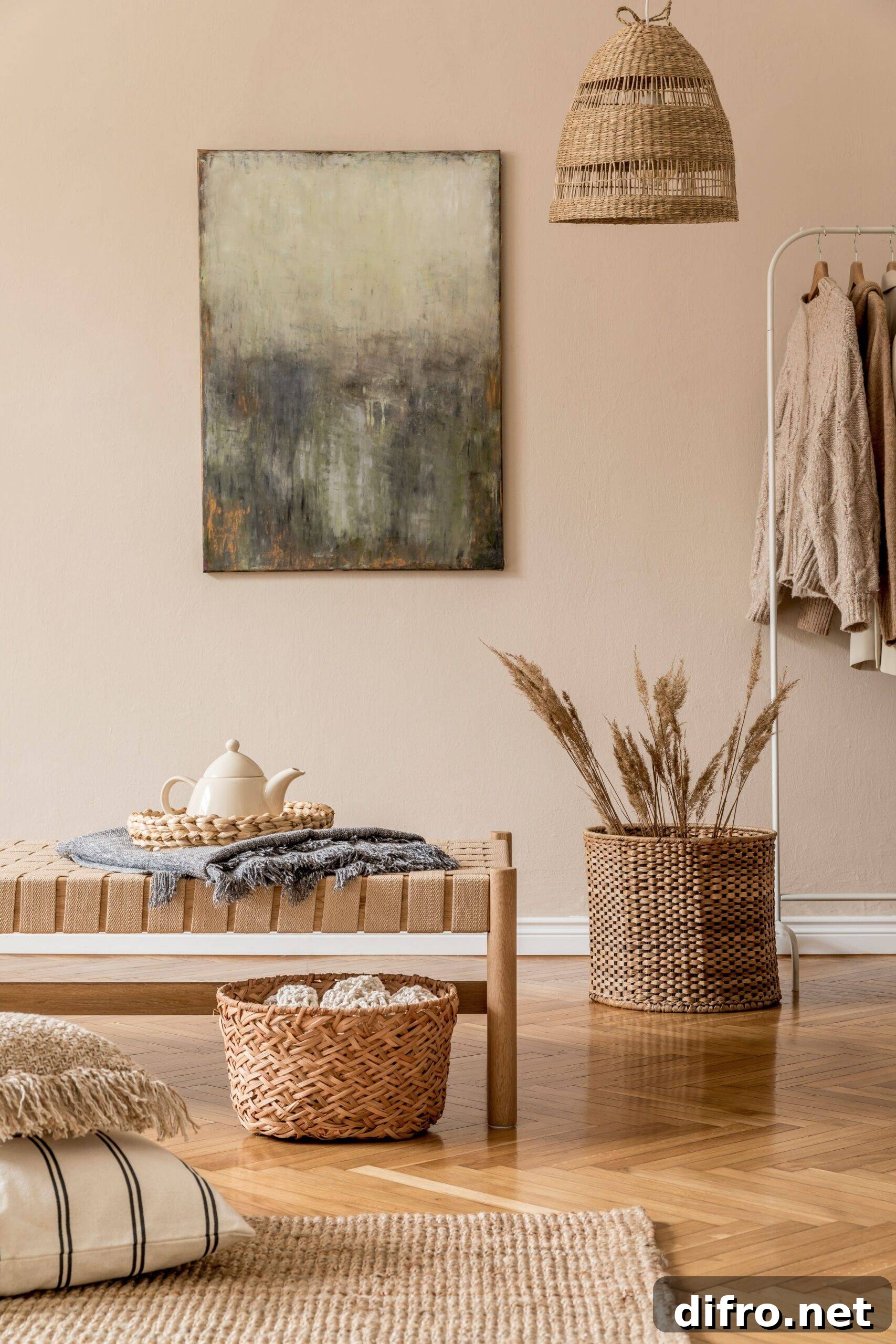 Warm Minimalism: How Cozy Design Transforms Minimalist Interiors 4 A frame of a room that features a lot of brown tones, natural fibers/materials, some wicker decor and plenty of blankets/clothes hung up.