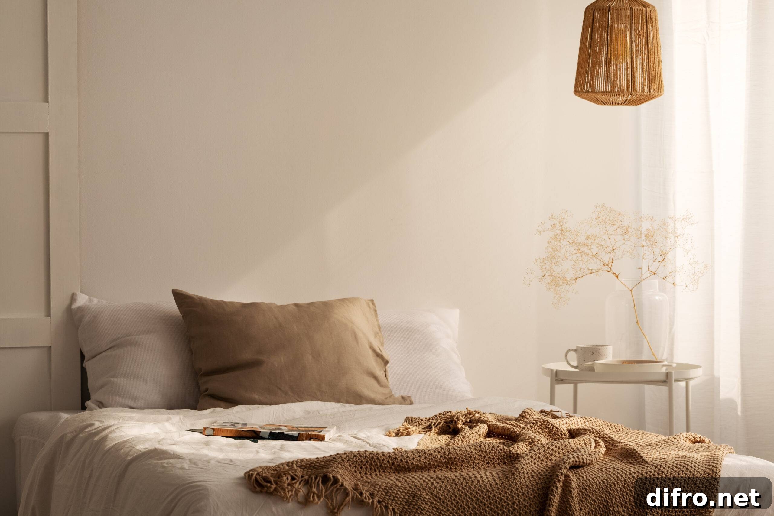Warm Minimalism: How Cozy Design Transforms Minimalist Interiors 7 Closeup of bed with beige blanket and linen pillow in minimal bedroom interior, real photo with copy space on the empty wall