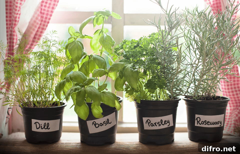 A row of small potted herb plants, each labeled with what herb is in it.
