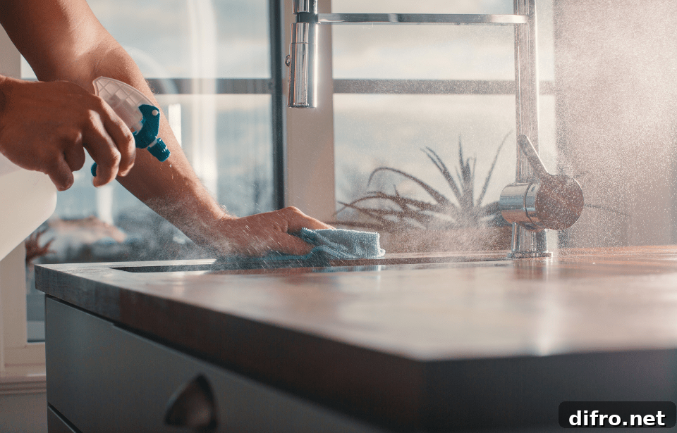 Someone spraying down a counter with a cleaner, rag in the other hand wiping it all down.