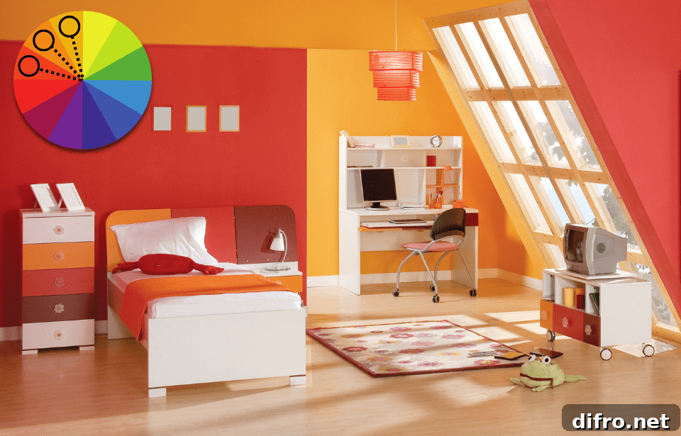 One Color Scheme That Works in Every Room 3 A child's bedroom done in shades of red and orange. In the top left, there's a color wheel graphic showing an analagous color palette.