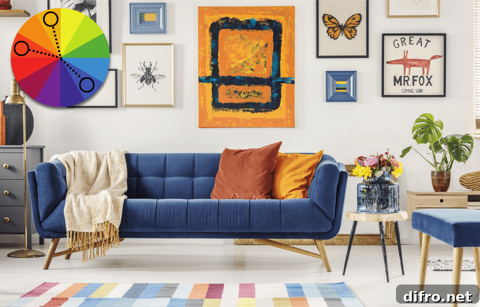 One Color Scheme That Works in Every Room 5 A living room done up in blue and shades of orange. In the top left, there's a color wheel graphic showing a split-complementary color palette color palette.