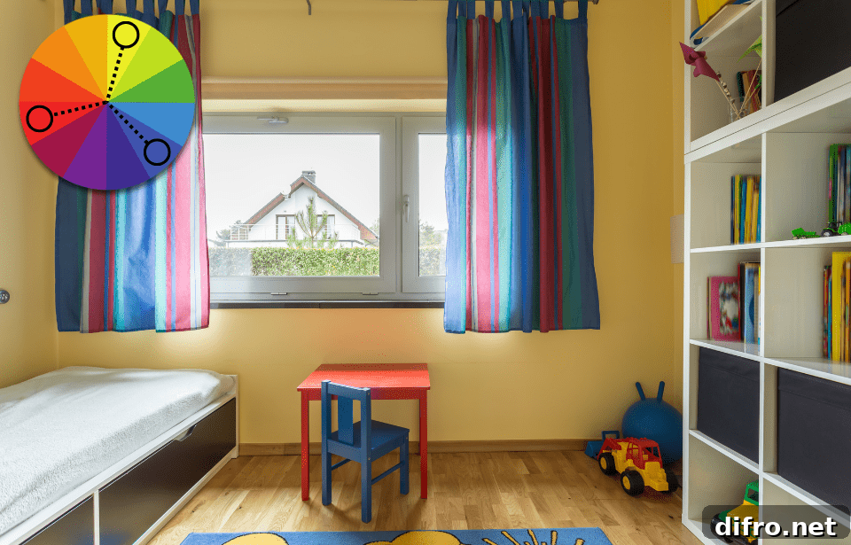 One Color Scheme That Works in Every Room 6 A children's play room done up in primary colors. In the top left, there's a color wheel graphic showing a triadic color palette.