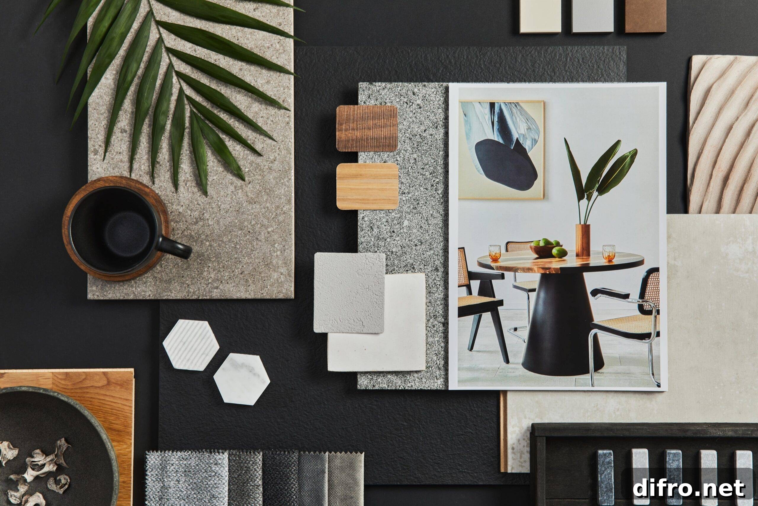 A physical interior design mood board laid out on a table.