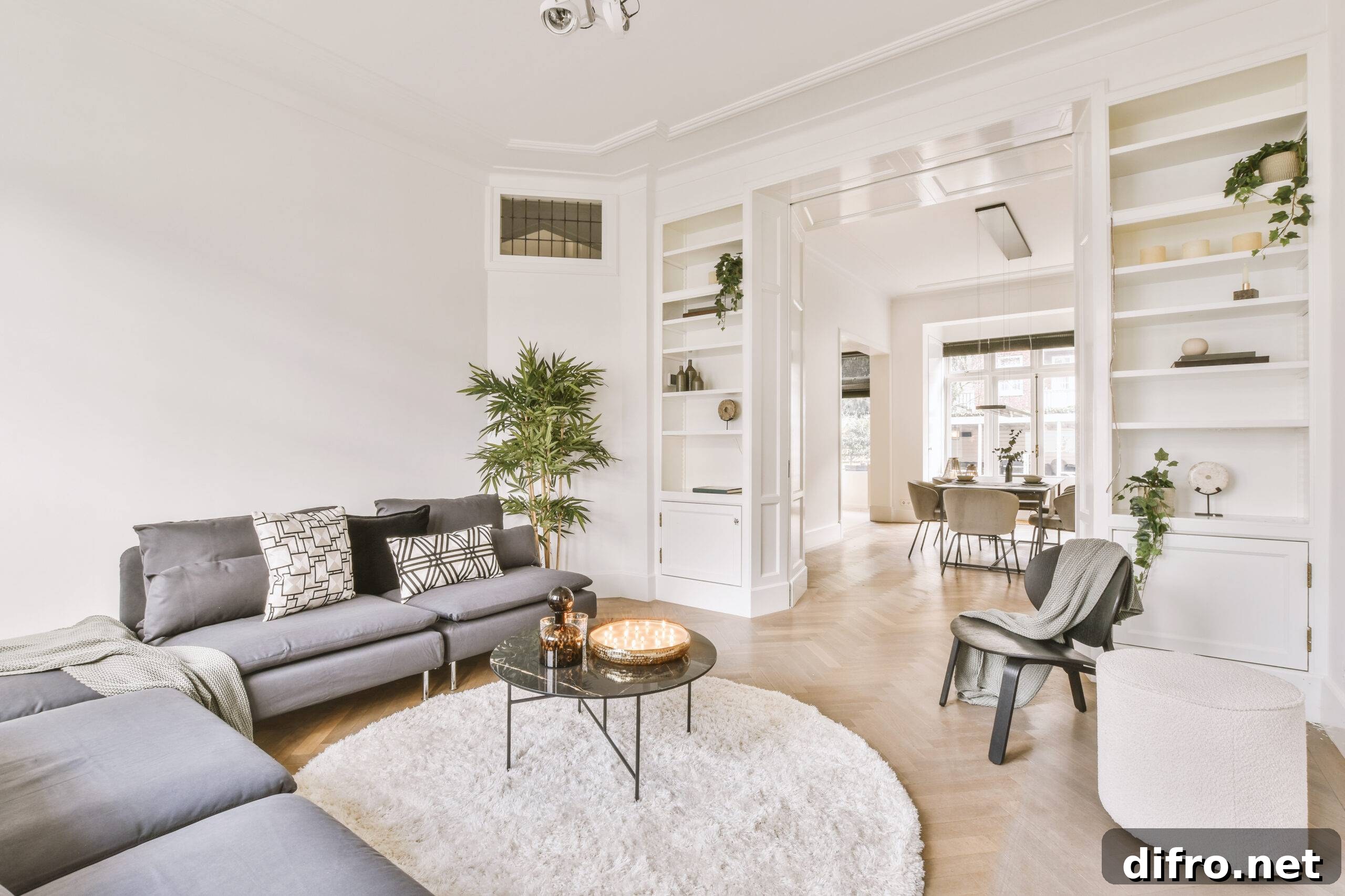 Spacious, bright living room with two small sofas and a round carpet on the floor