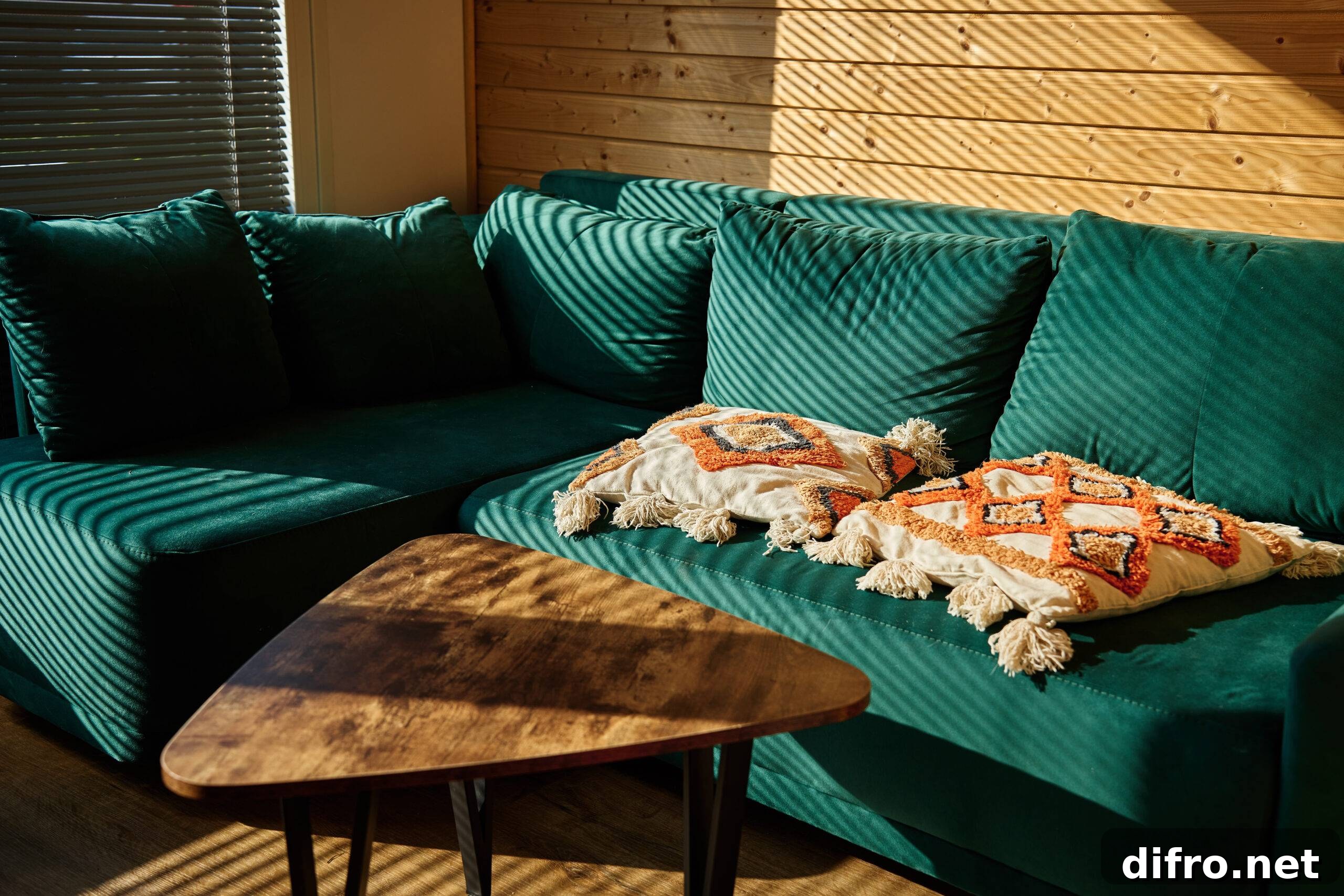 Living room interior with green sofa and coffee table with sunlight. Place for relax at cozy home.