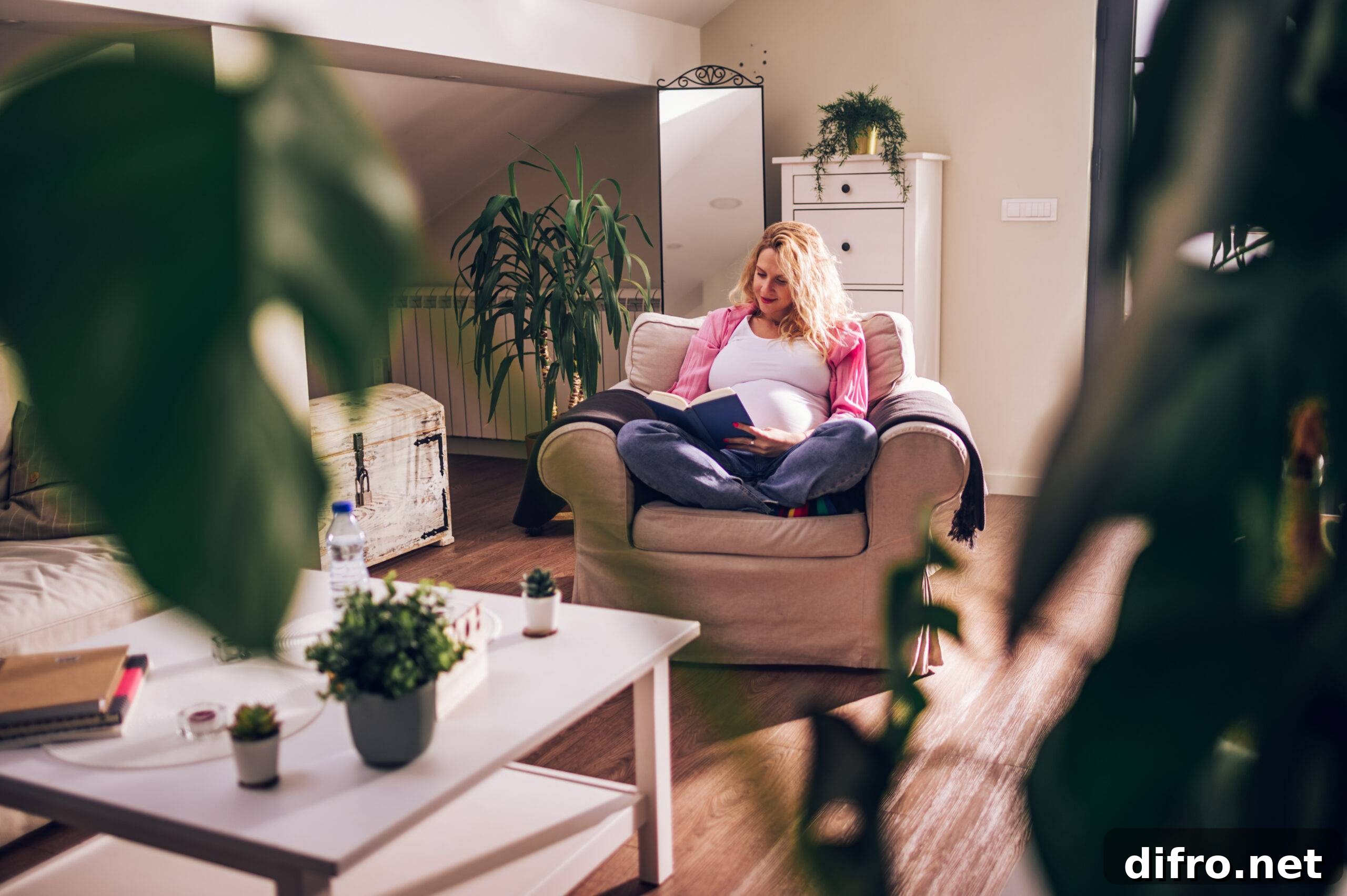 Young blonde pregnant woman reading a book for baby in belly. Future mother feeling happy while sitting on a chair in living room at home. Reading information about baby development.
