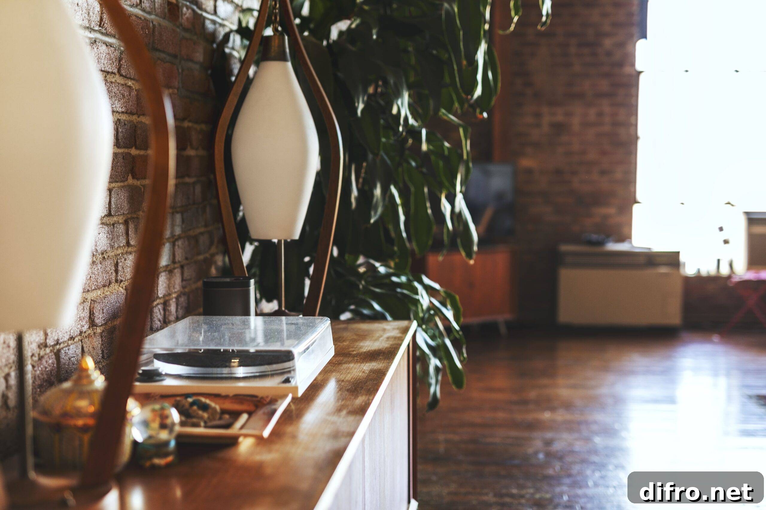 A mid-century modern sideboard with a record player.