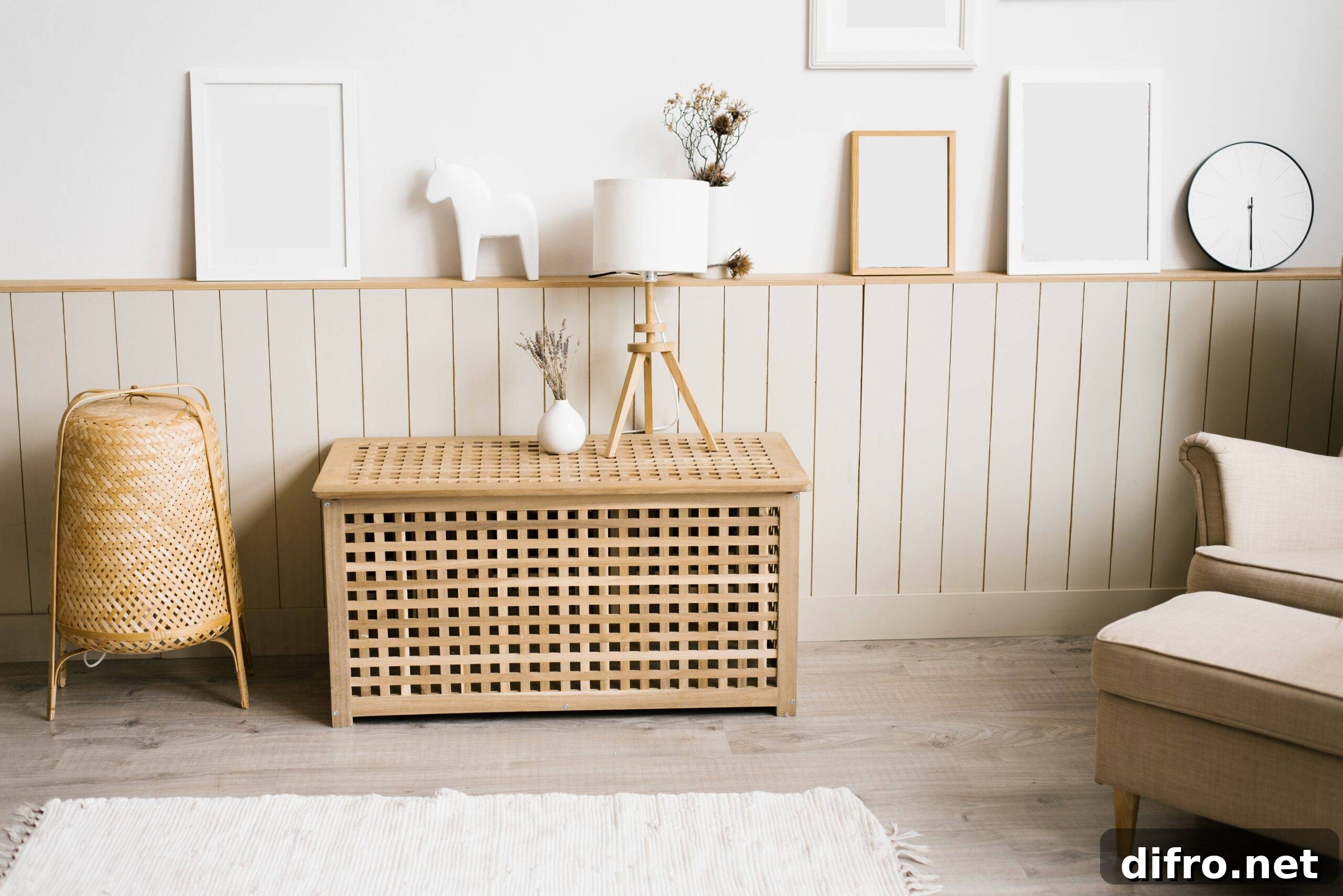 A table lamp, lavender in a white vase in the decor of the living room in a minimalist Scandinavian style. Mockup frames on the wall in a cozy home interior of the living room or bedroom
