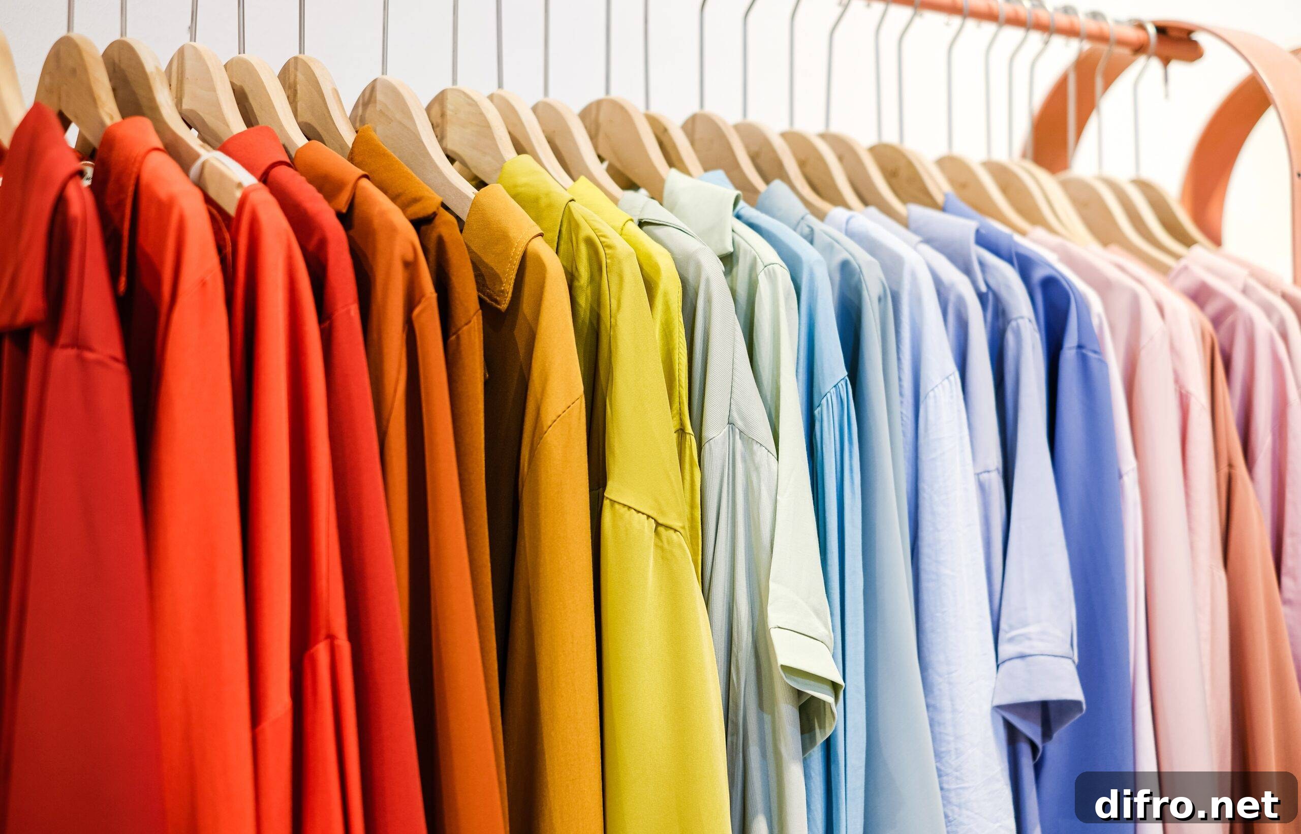 A rack of clothes on hangers, all color coordinated.
