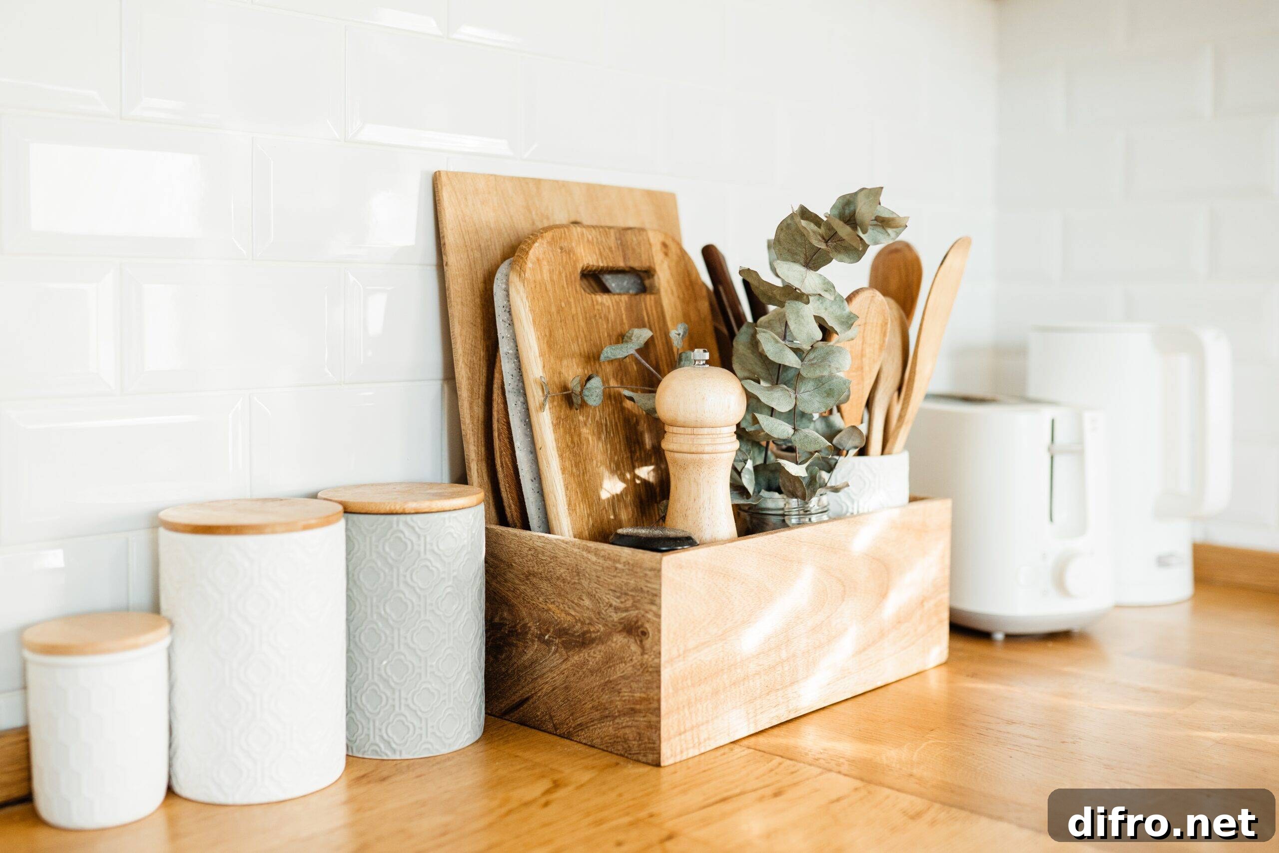 kitchen details, accessories, ceramic jars, wooden table, white ceramic brick wall background. Sustainable living eco friendly kitchen.