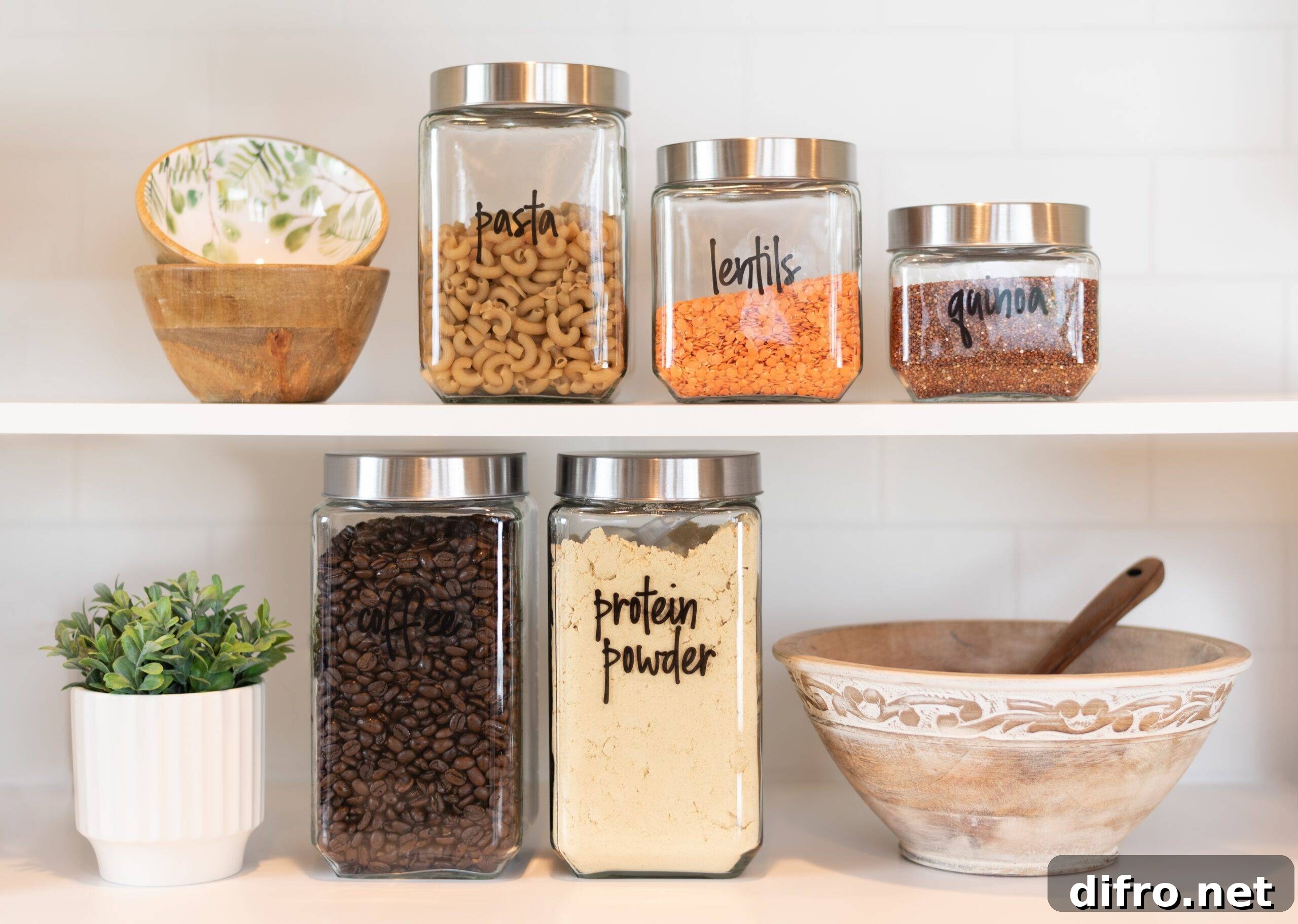 Neatly labeled food ingredients on the kitchen shelf