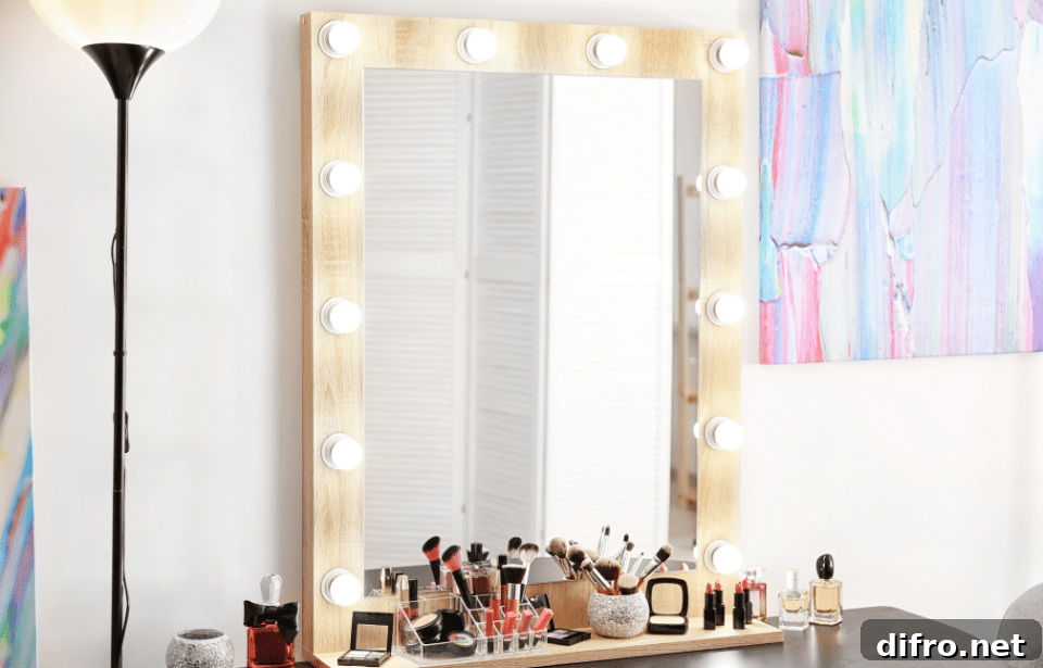 A makeup vanity with lights all around the frame.