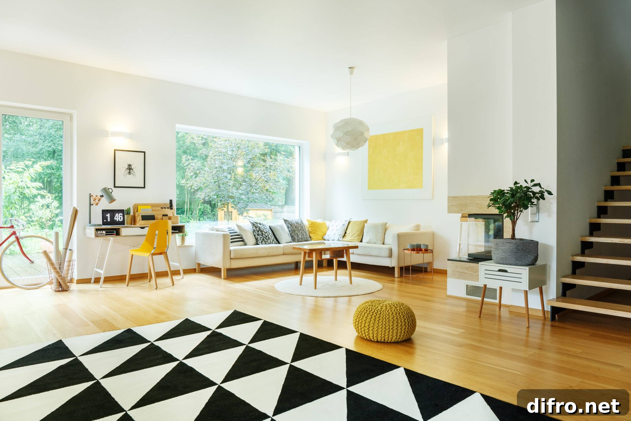 Yellow pouf and plant on cabinet in spacious apartment with corner sofa and yellow painting on wall