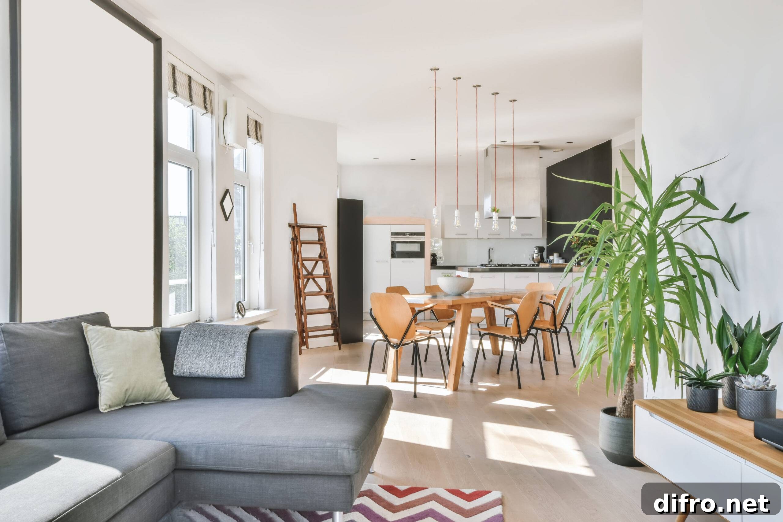 An open concept apartment, dining room and kitchen visible from the couch.