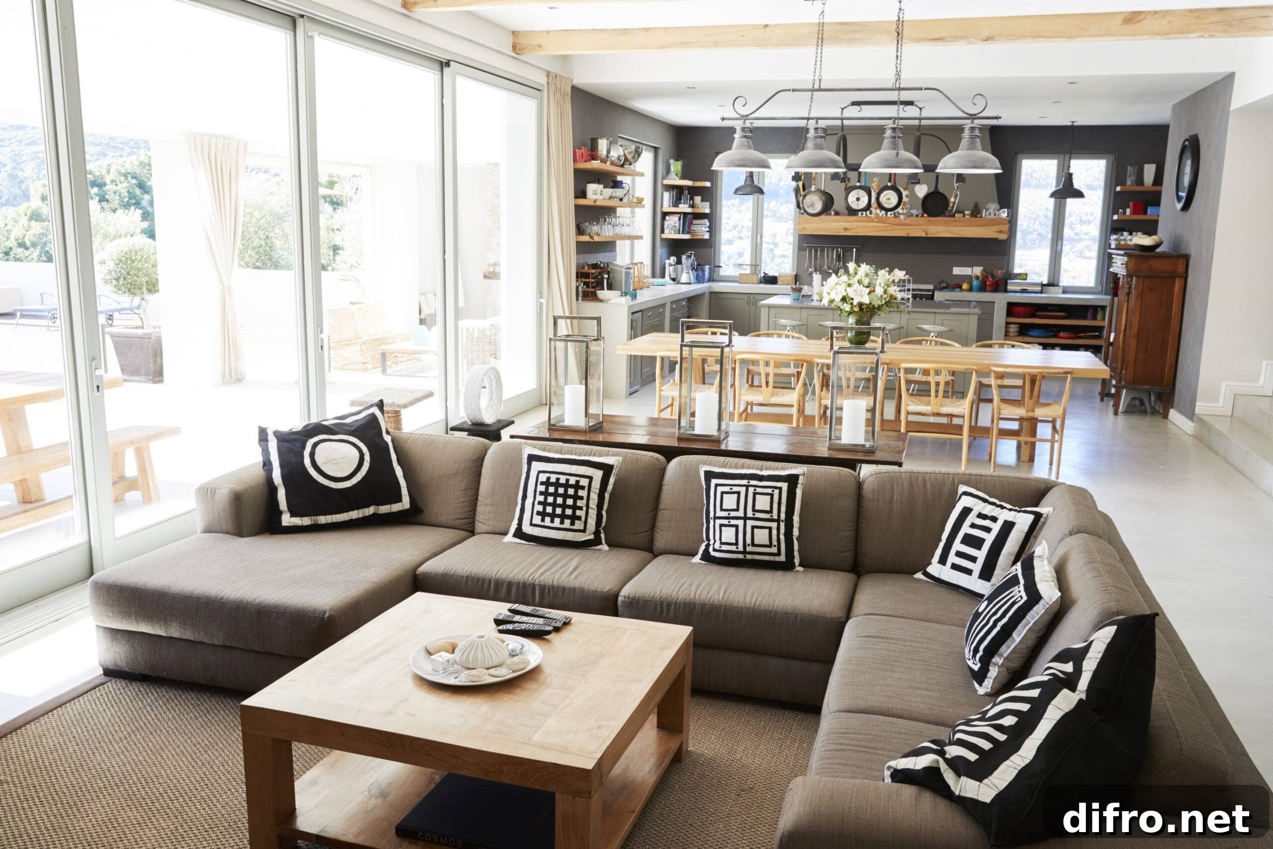Home interior with open plan kitchen, lounge and dining area