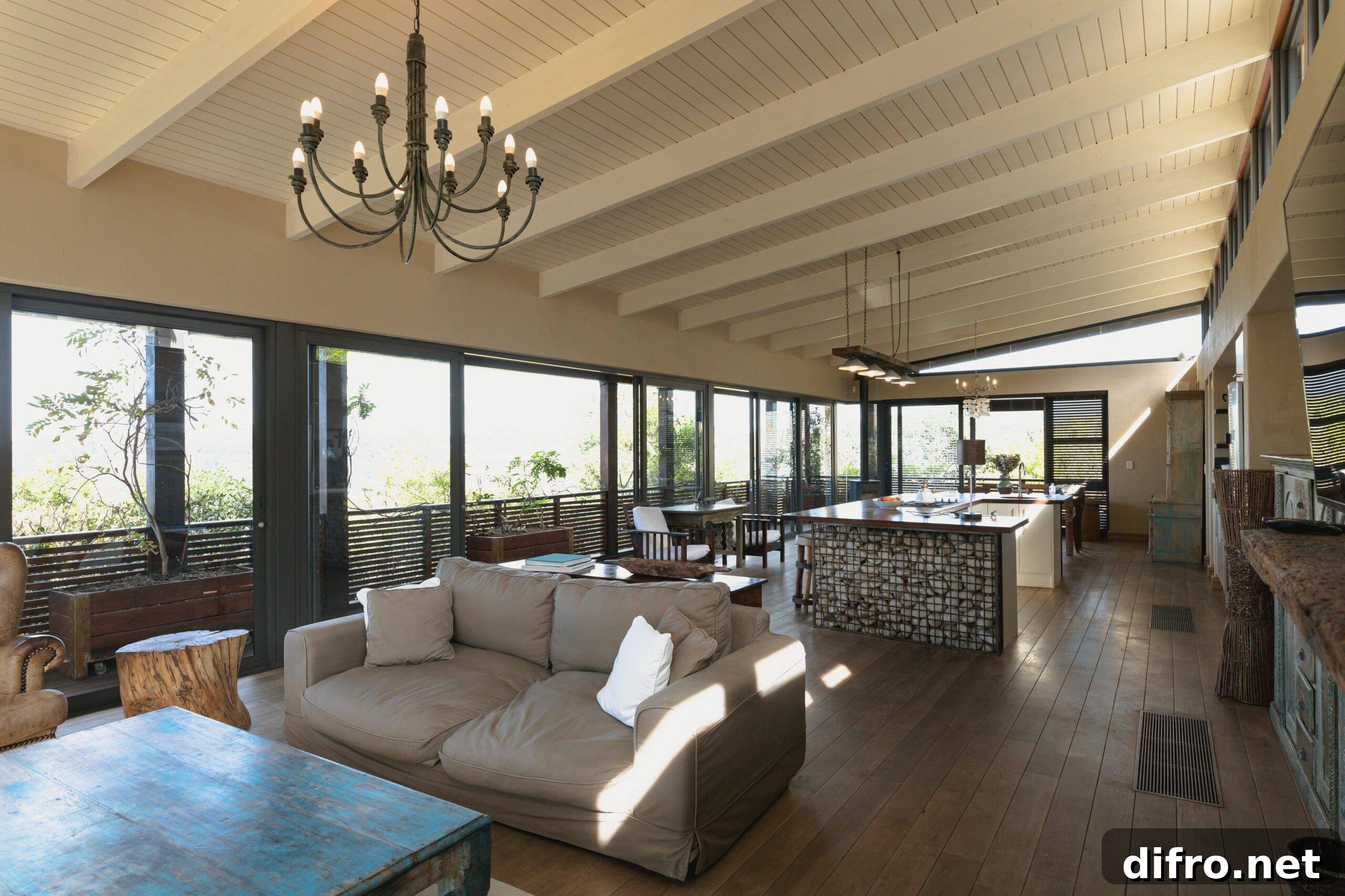 Large open concept room, kitchen behind the living room couch.