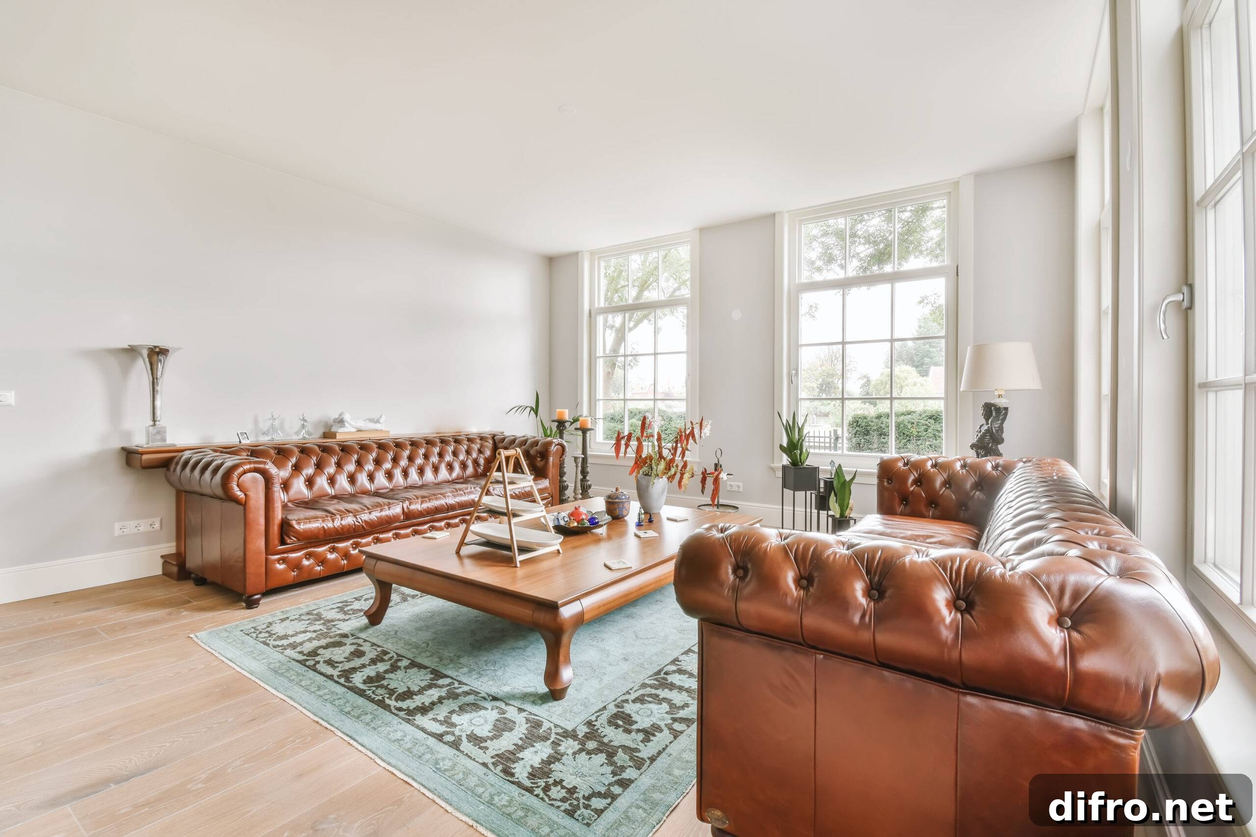 Luxurious living room with soft chesterfield sofa and armchairs