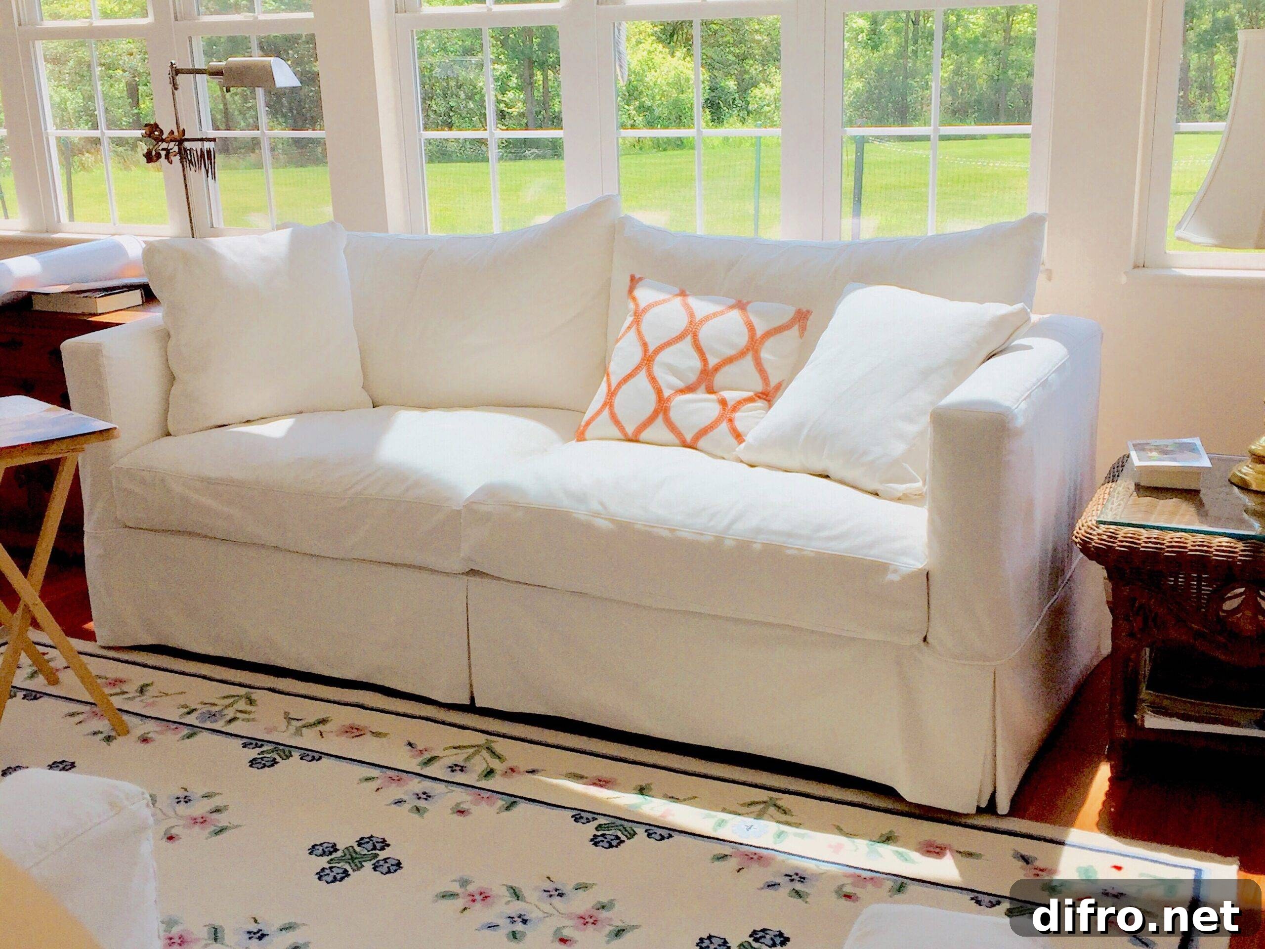 A white couch in front of some large sunny windows.