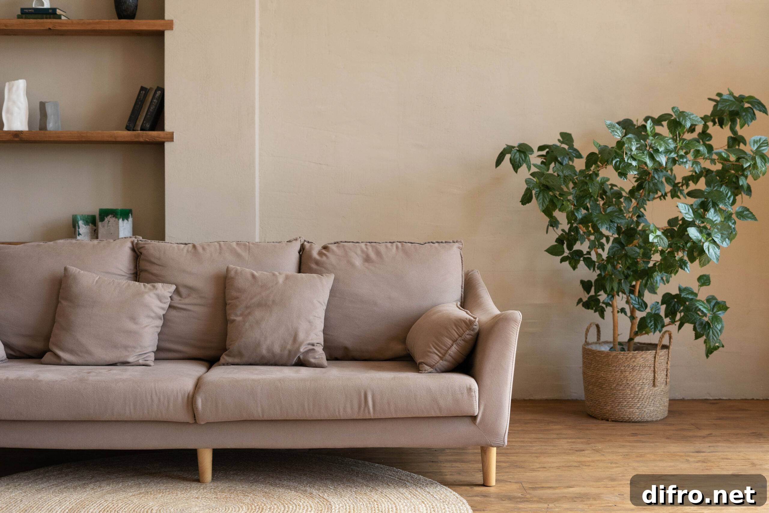 Sofa with macrame on a woven round rug in a modern living room in beige tones. Cozy interior of a country house.