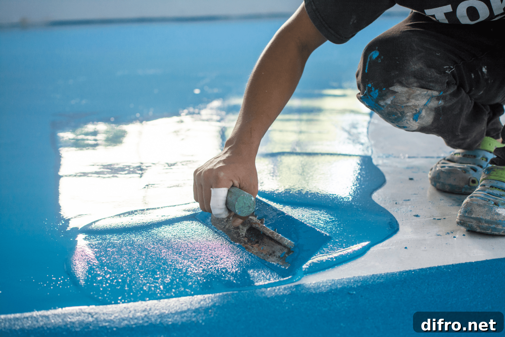 Why Add Sand to Paint: Benefits, Uses, and Tips 3 A man spreading a layer of textured liquid flooring composite.