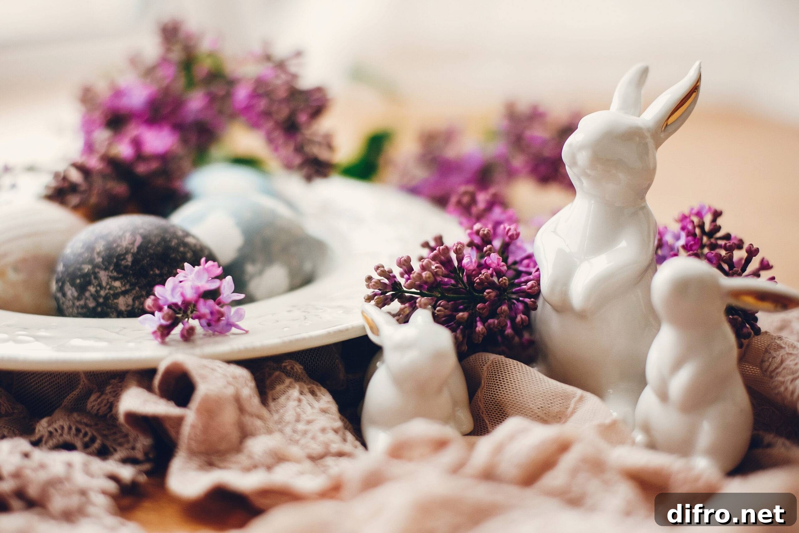 Stylish Easter white bunnies, modern easter eggs on vintage plate, and lilac flowers on rural fabric. Natural dyed easter eggs and spring flowers. Space for text.