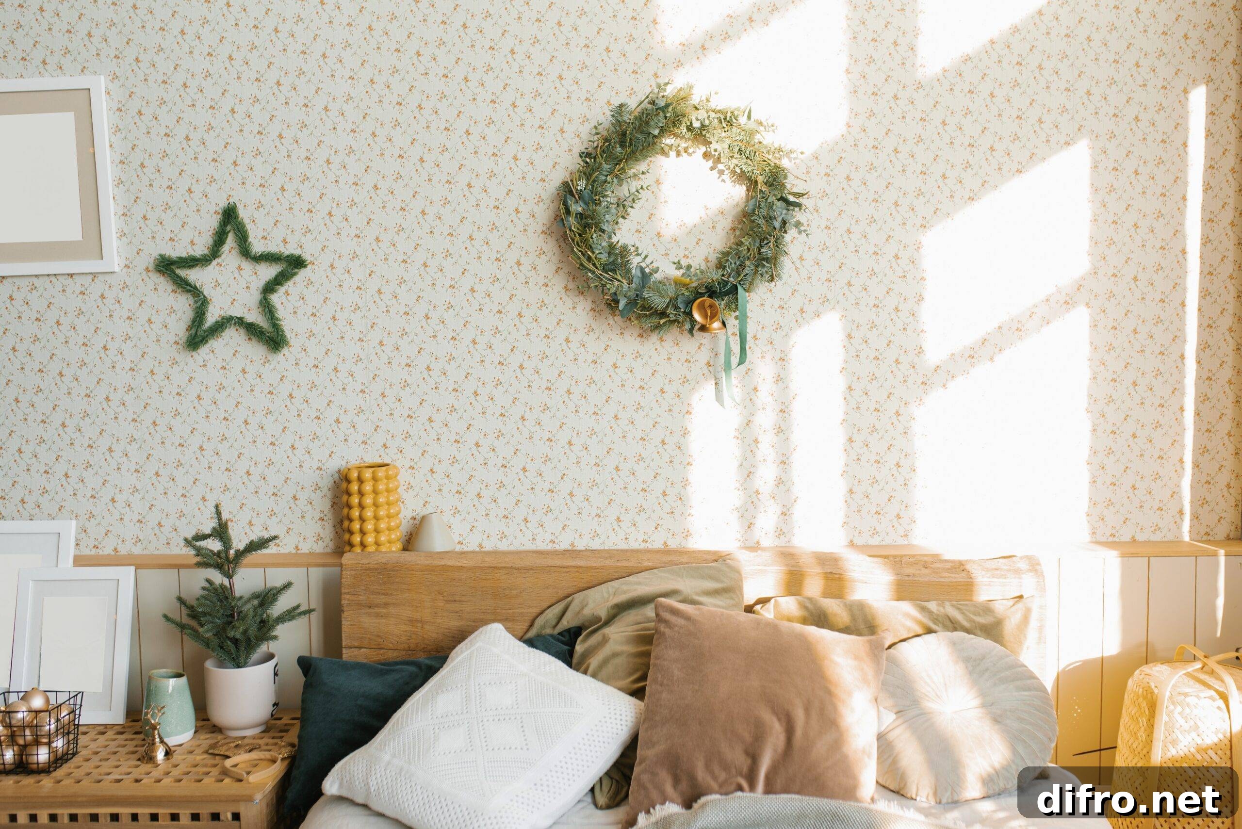 A bed with pillows and Christmas decorations in the bedroom in a Scandinavian style.