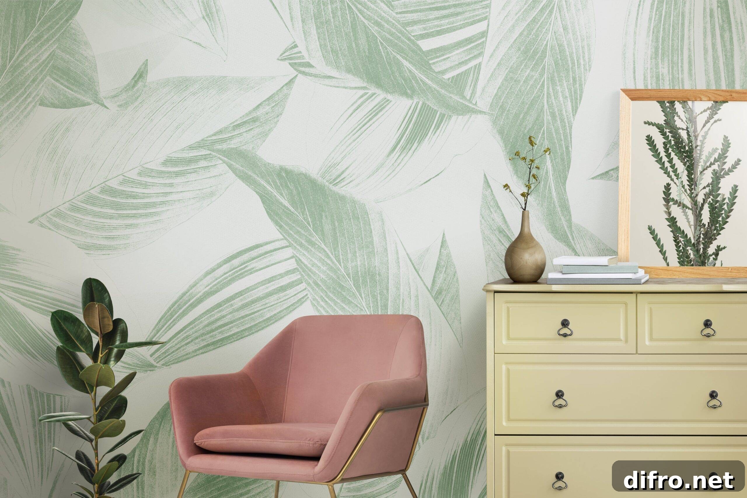A section of a living room, zooming in on a chair and dresser with accessories, a large print leafy wallpaper behind.