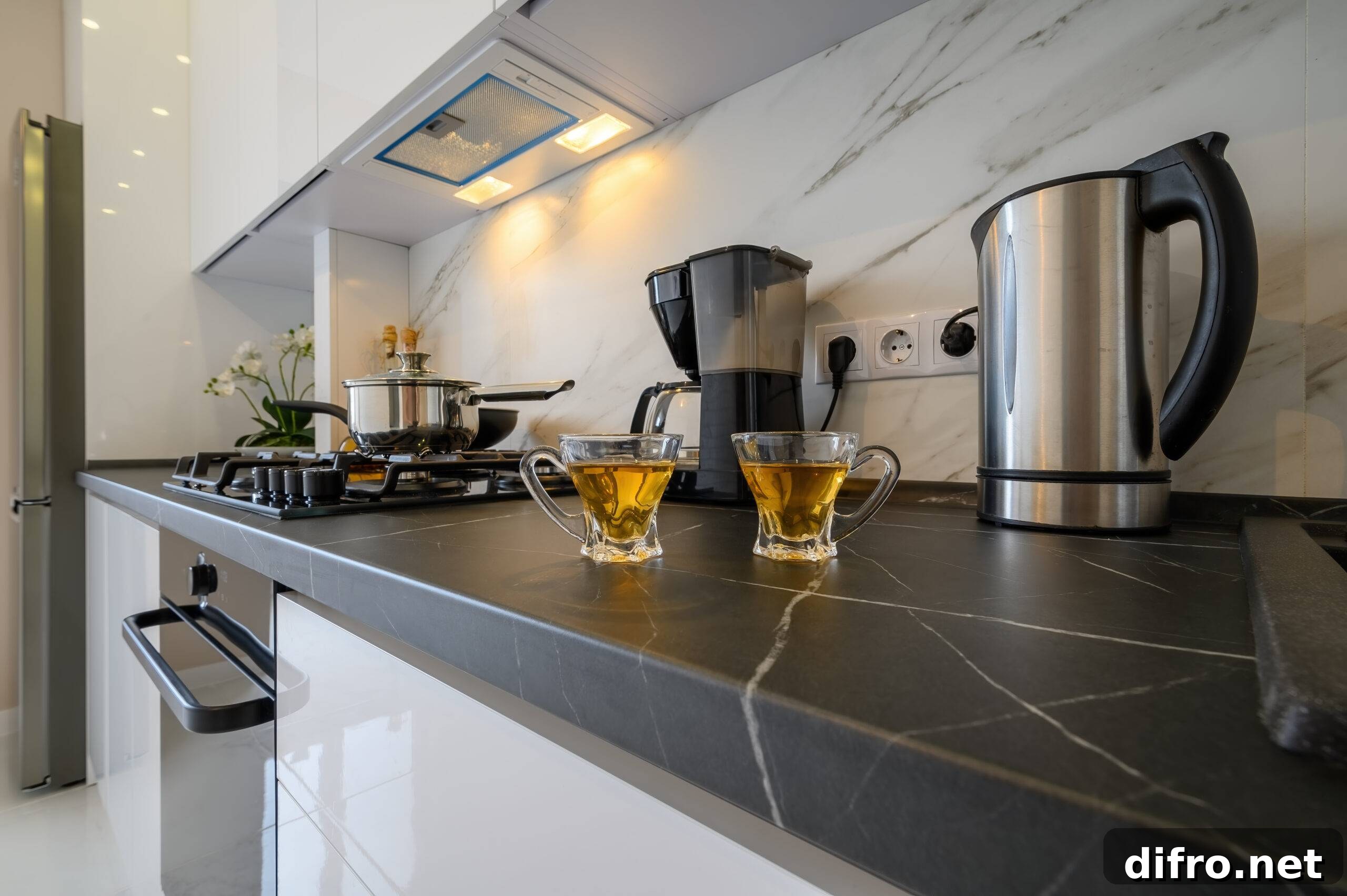 6 Countertop Materials That Look Just Like Marble 5 Closeup to modern kitchen cupboard with electric kettle, coffee maker and two glass cups of tea
