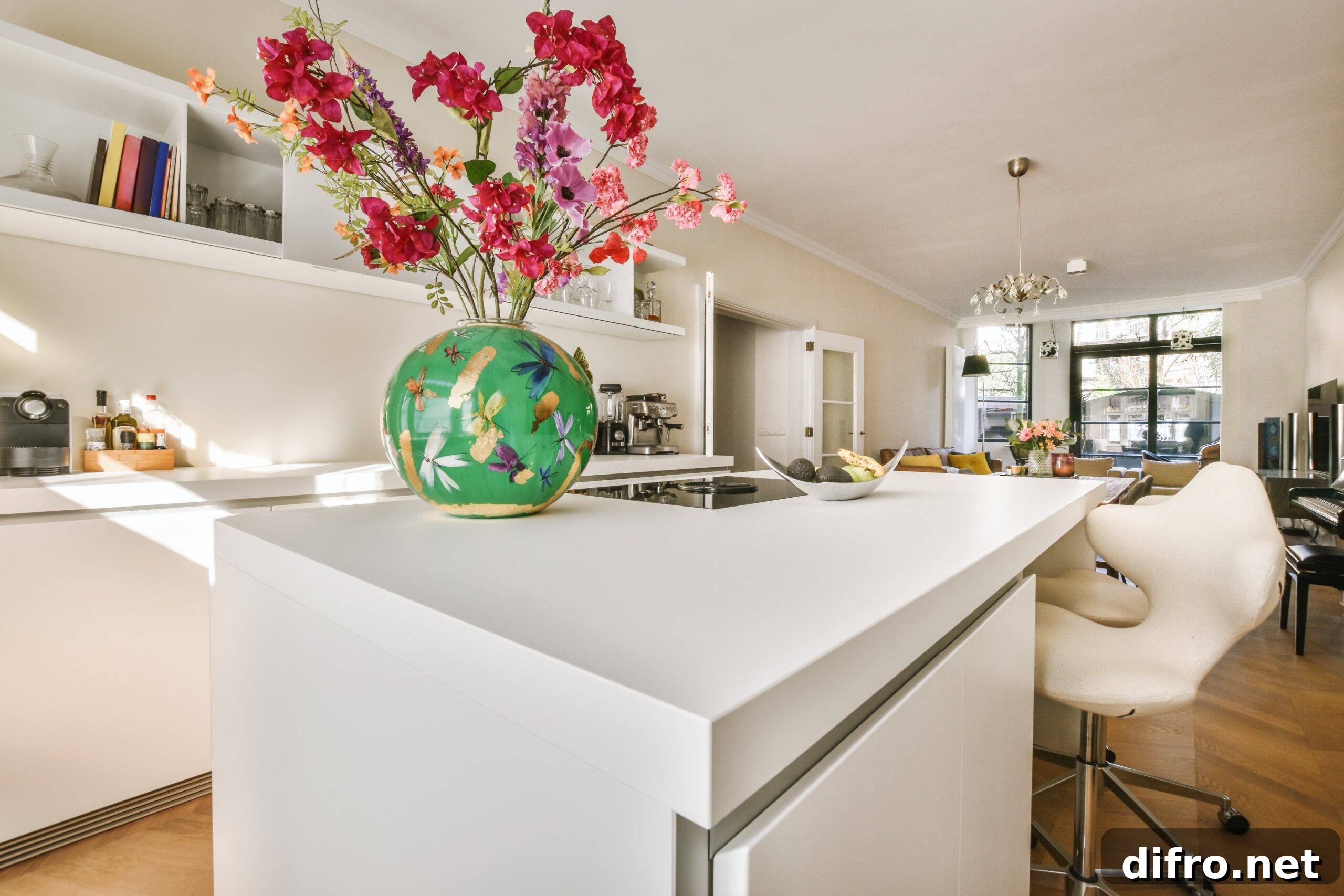 6 Countertop Materials That Look Just Like Marble 7 A low shot of a kitchen island with a smooth white countertop.