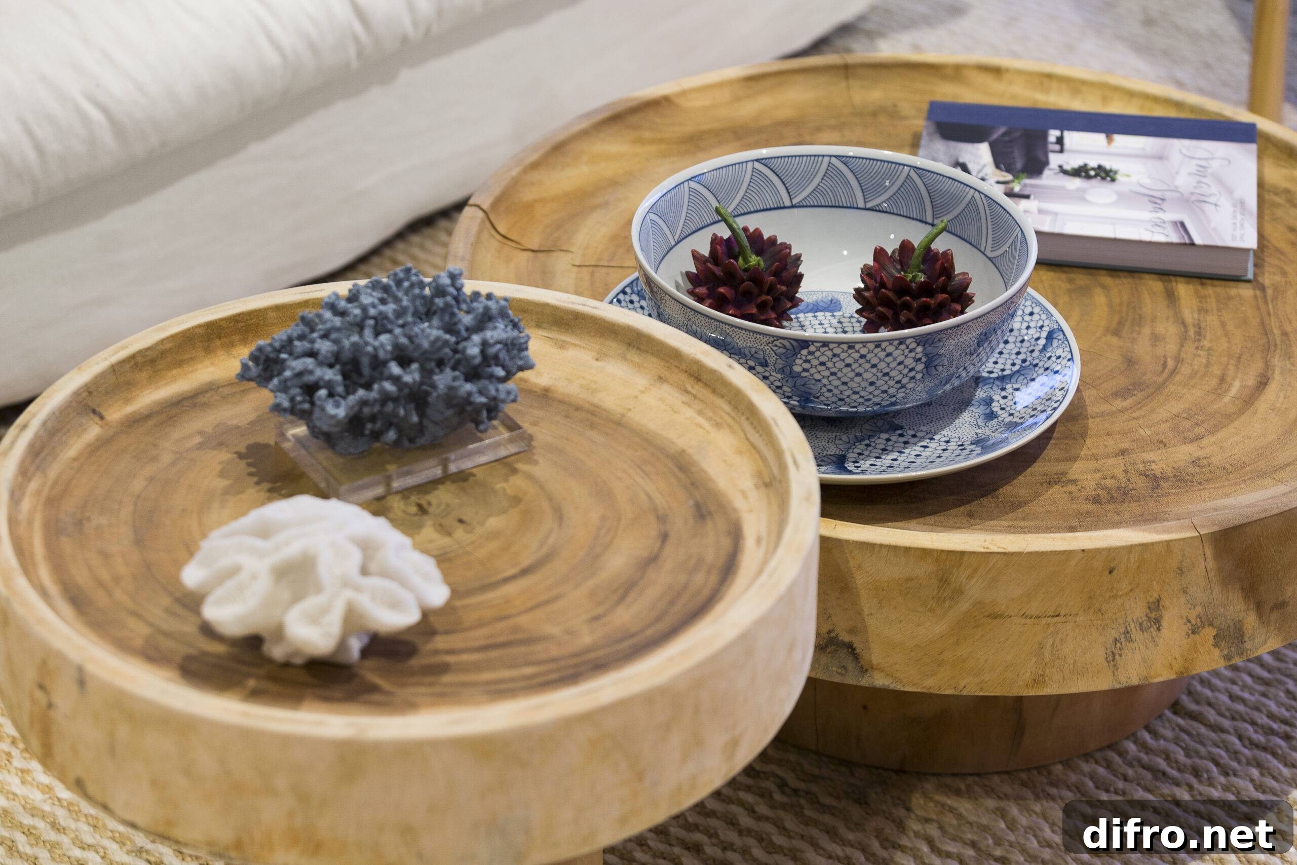 A two-tiered wooden coffee table with some decorative items, including a ceramic bowl.