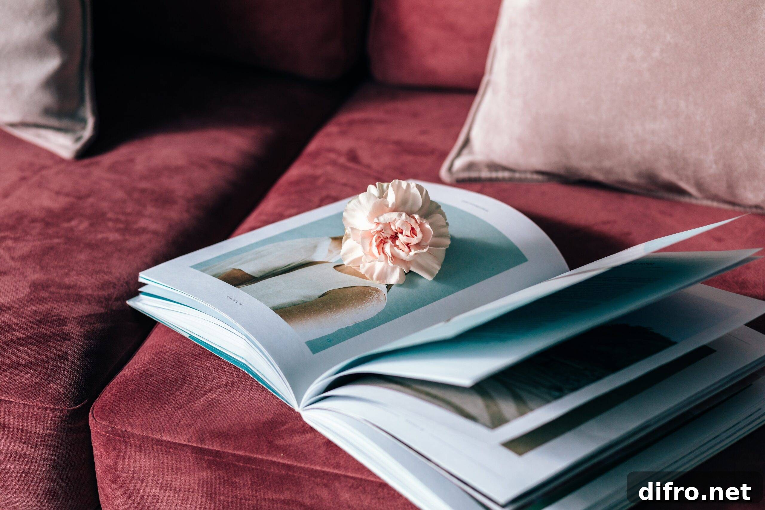 An art book open on a couch with a flower placed inside.