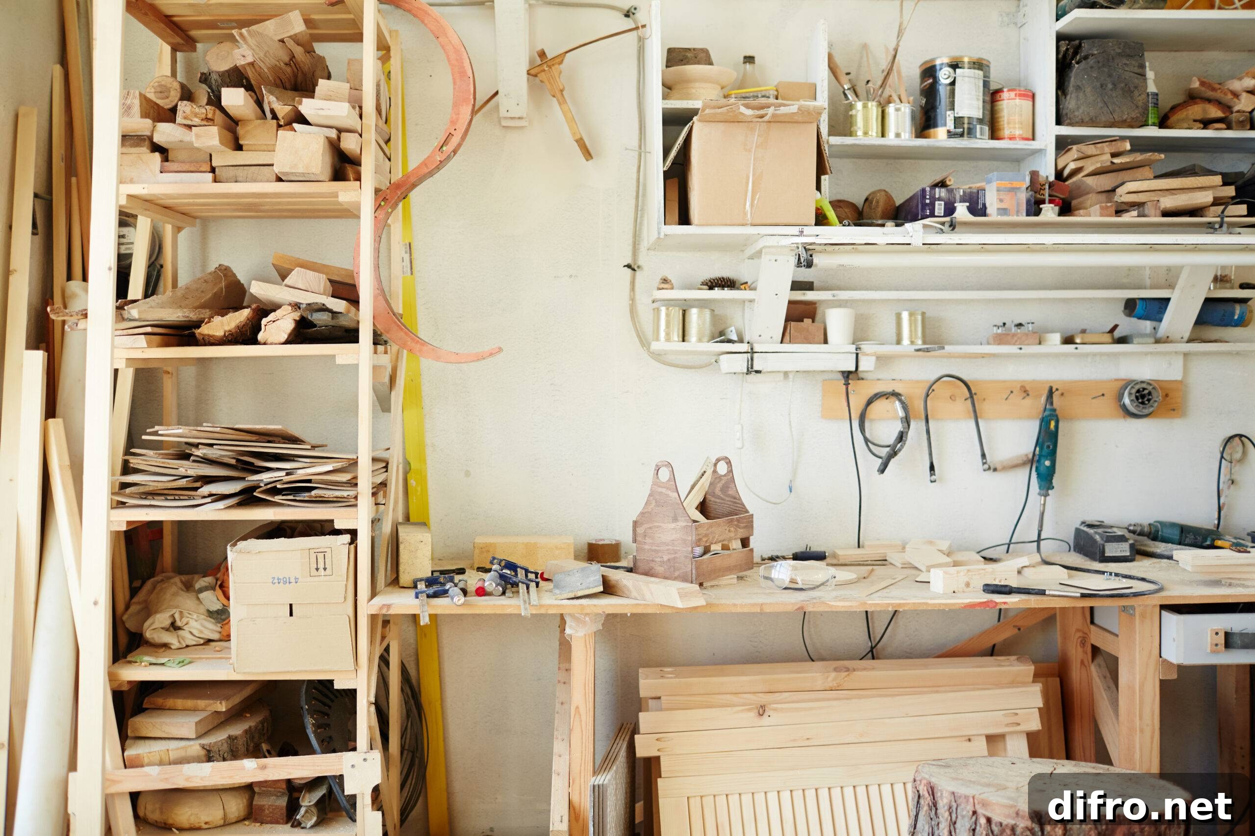 Workbench of carpenter with assortment of wooden workpieces, toolbox and other equipment