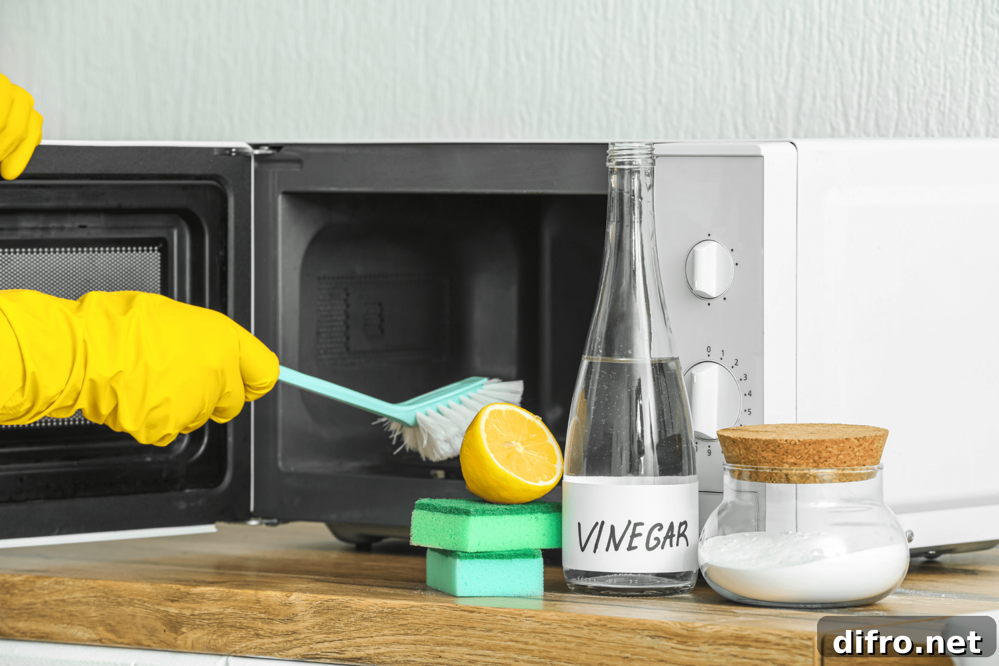 5 Chemical-Free Microwave Cleaning Tips to Avoid Hidden Risks 3 Someone cleaning out their microwave, a bottle of vinegar and a jar of baking soda next to them.