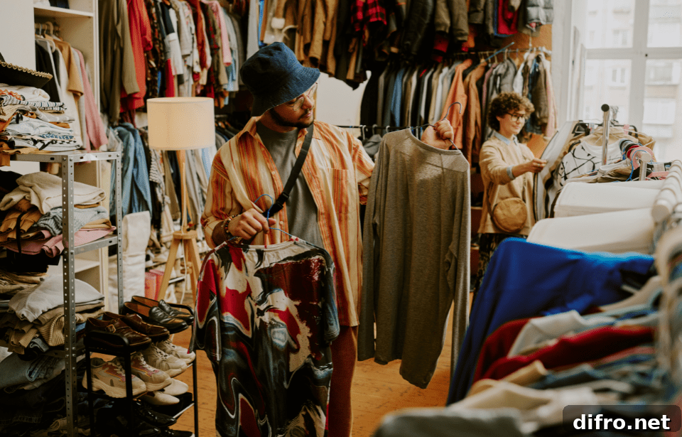 A man looking at a few clothing items he picked off the rack.