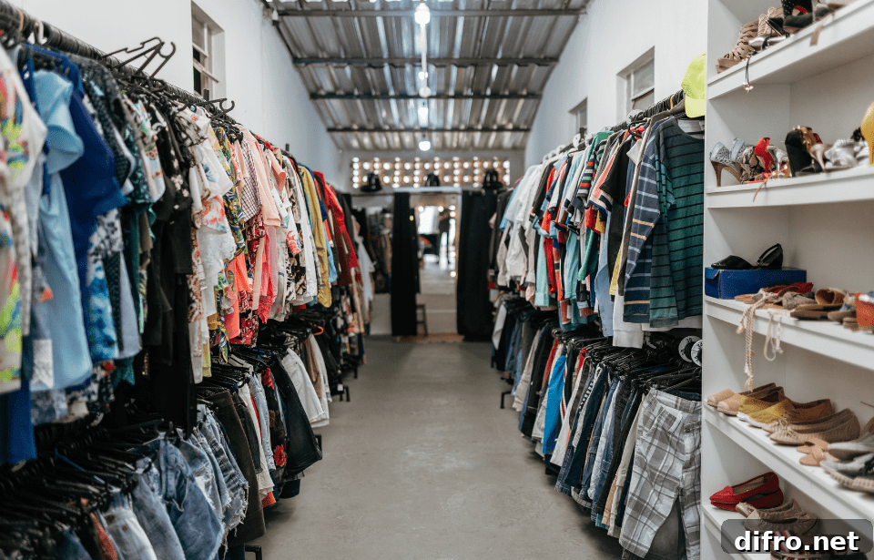 A photo of a long thrift store with clothing racks on either wall.