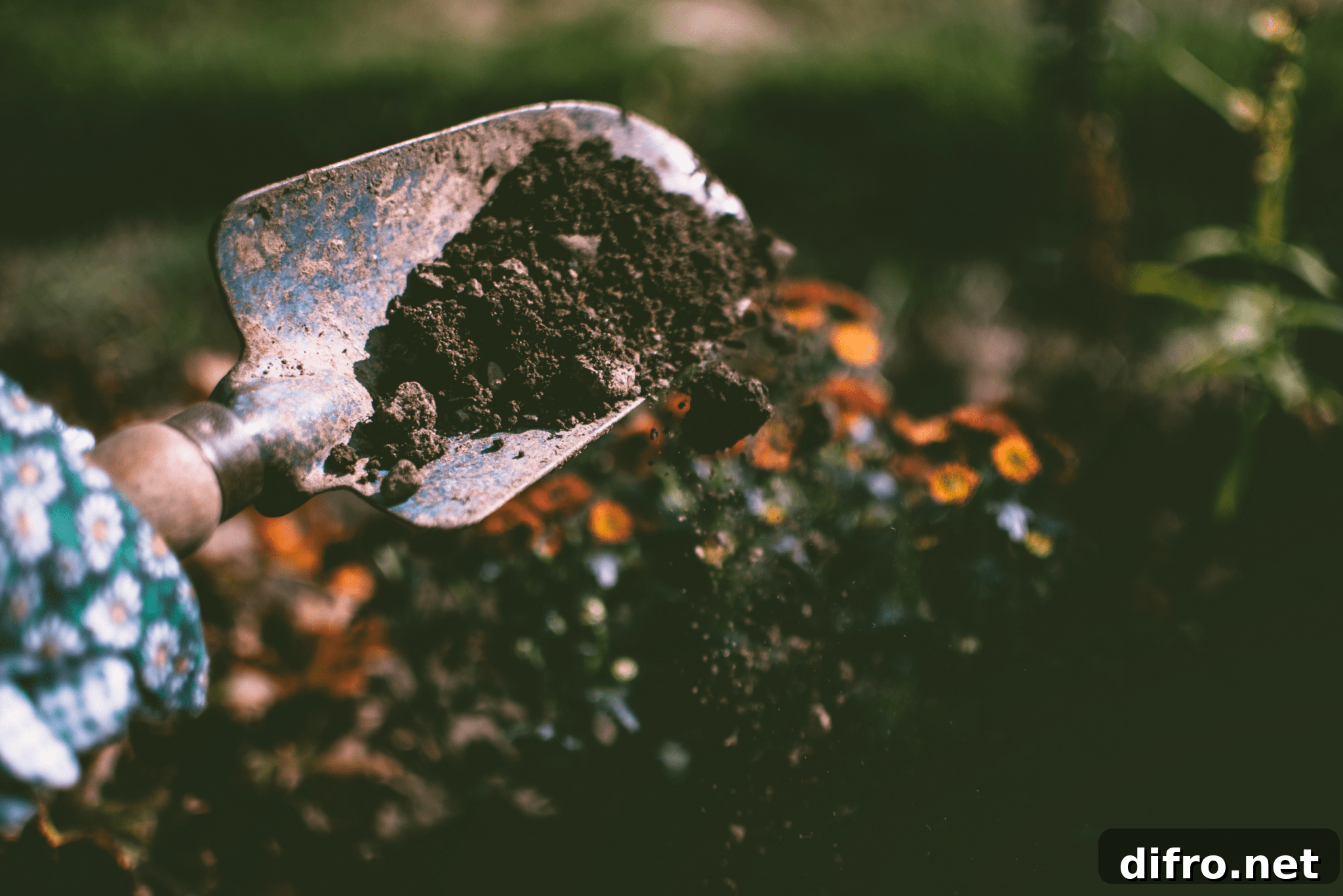 6 Smart Ways to Reuse Tea Bags for Home, Garden and Beauty 4 Someone digging in a garden with a trowel.