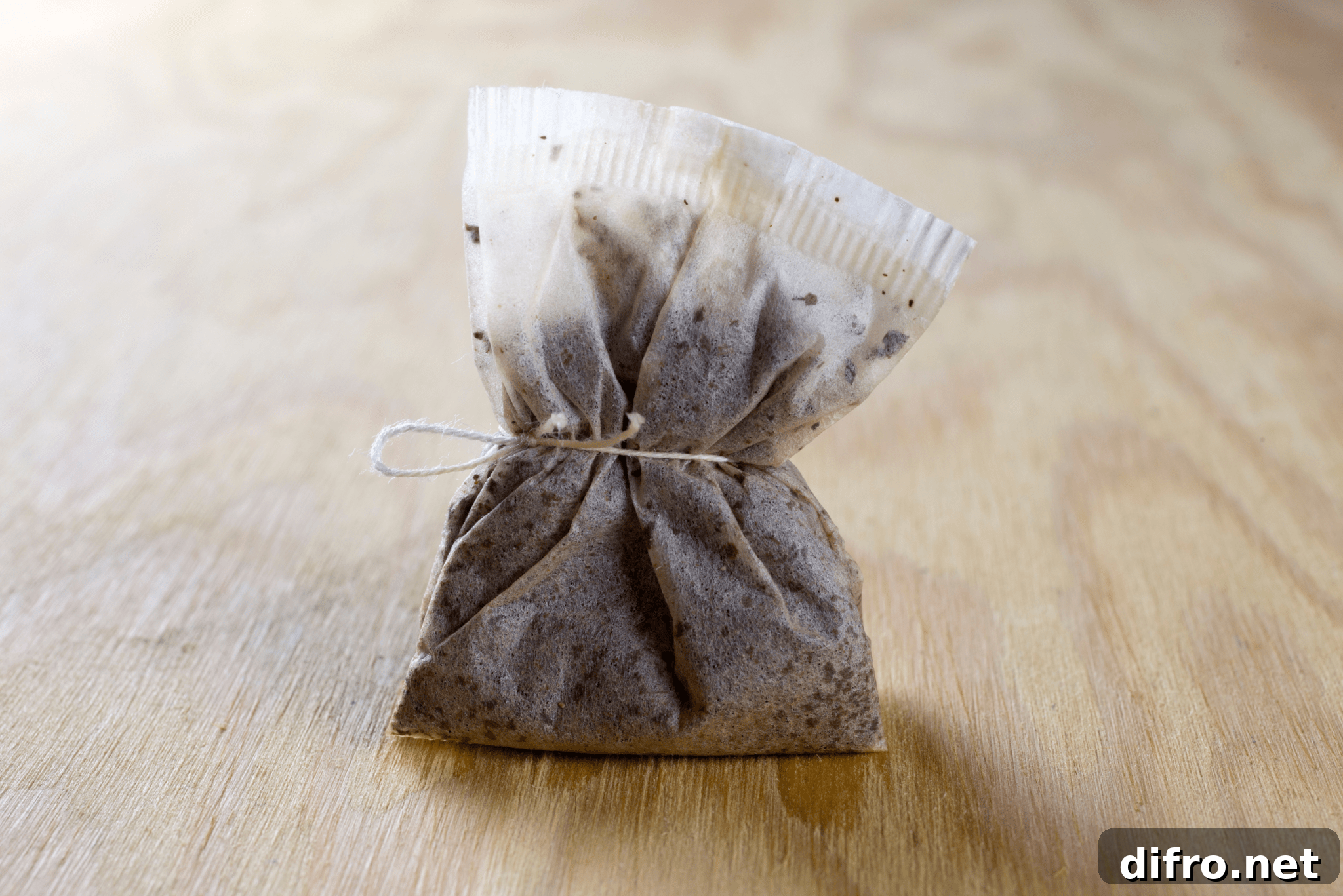 6 Smart Ways to Reuse Tea Bags for Home, Garden and Beauty 7 A bundled up wet teabag on a counter.