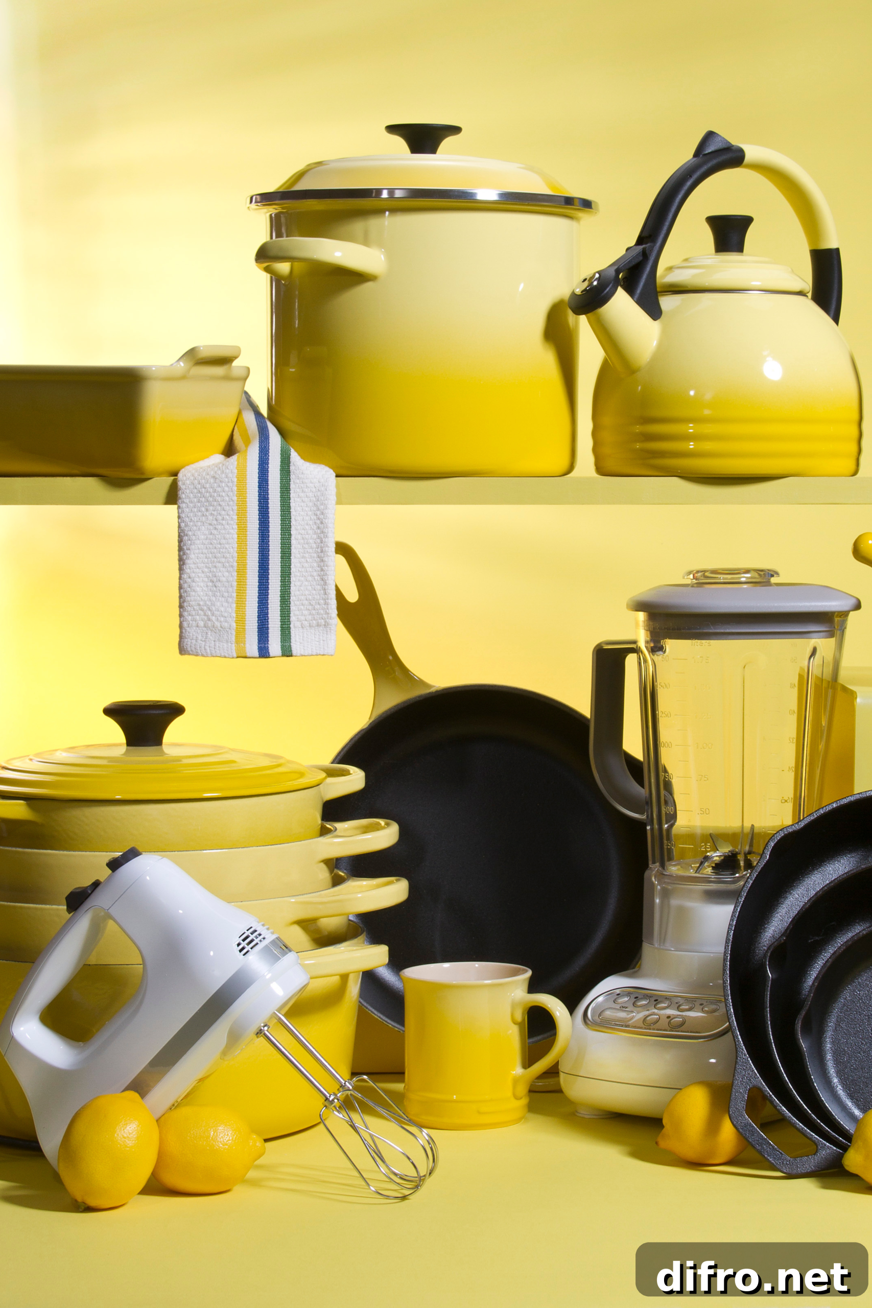 A twotiered shelf filled with matching yellow kitchenware.