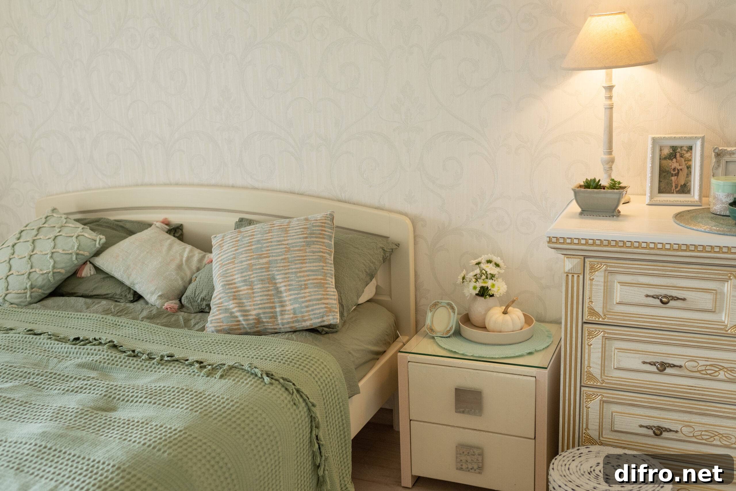 A bedroom done in sage sheets and a taupe nightstand.
