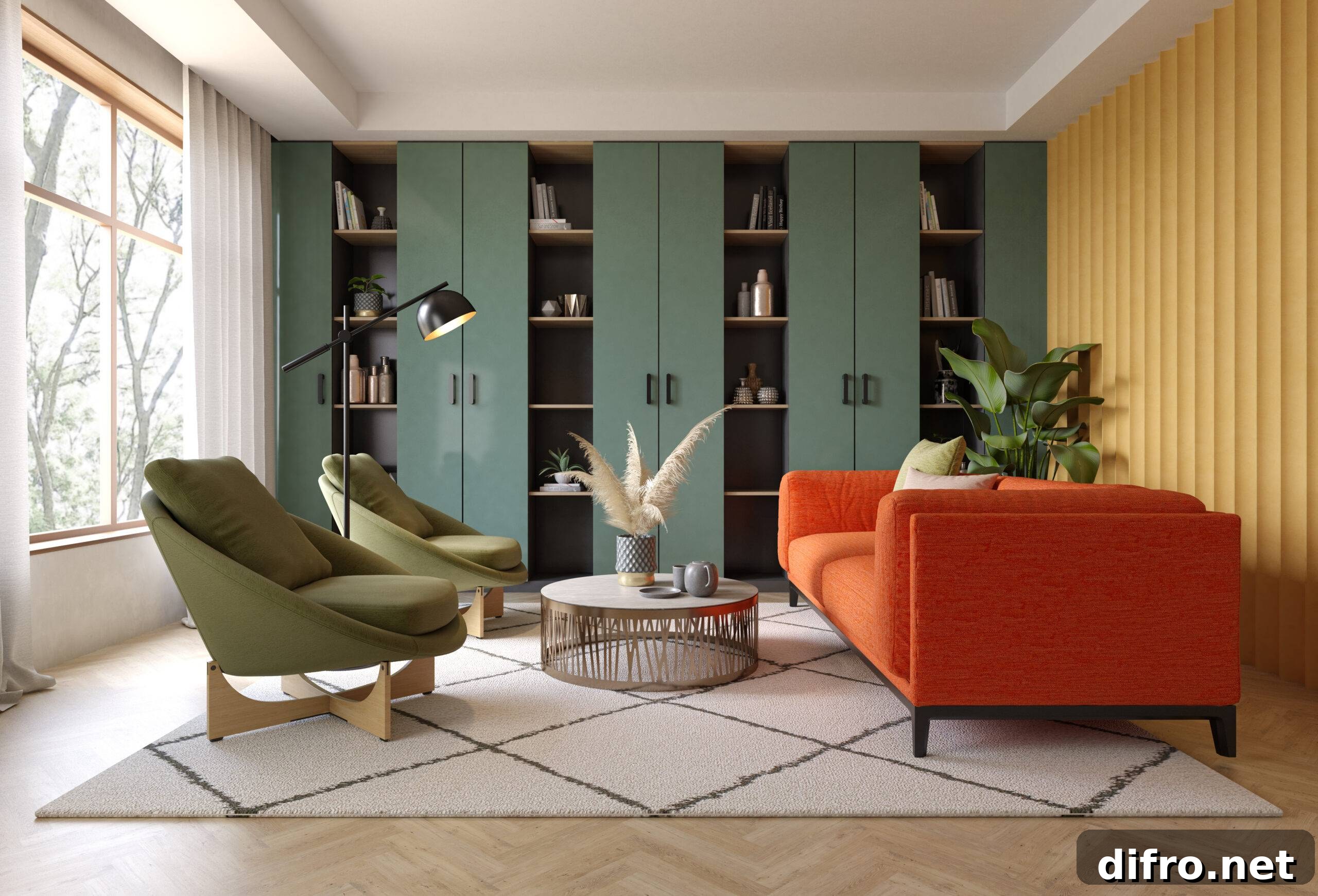 A living room with an orange couch and olive green chairs.