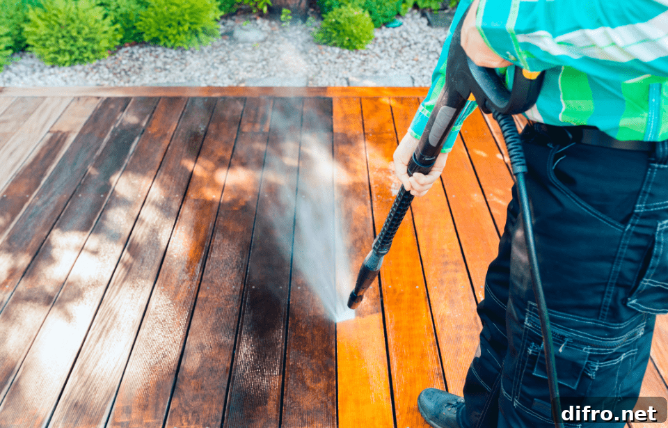 Someone powerwashing a deck.
