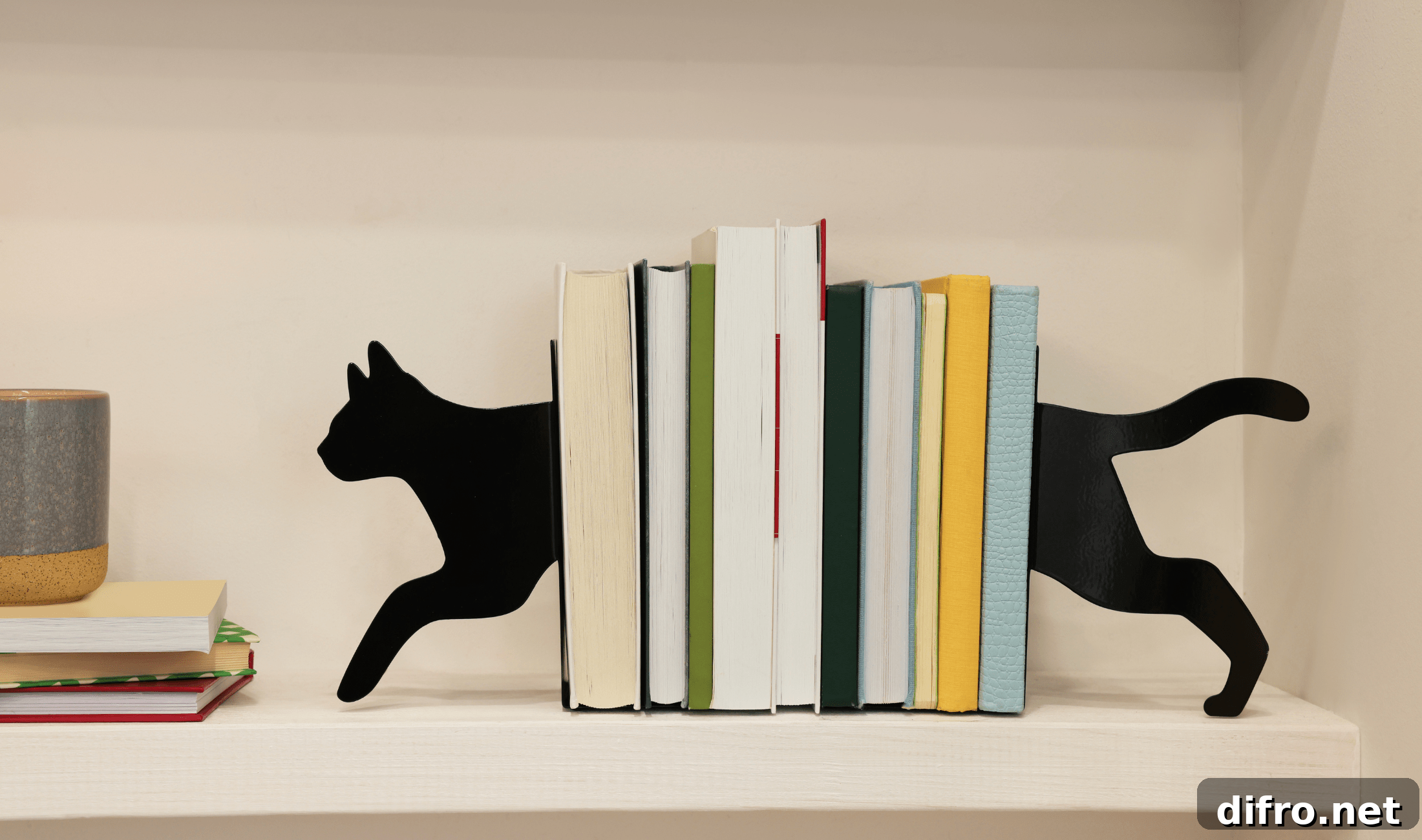 Some books on a bookshelf with bookends that look like a black cat walking through them.