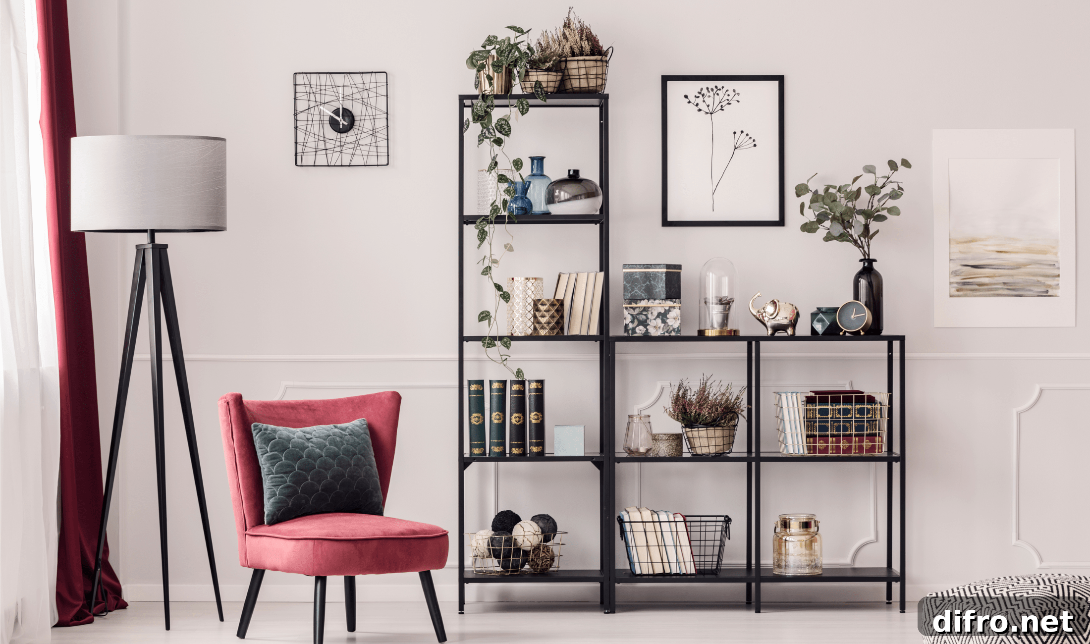 A light, modern bookshelf in a home, hosting books, baskets, and other items.
