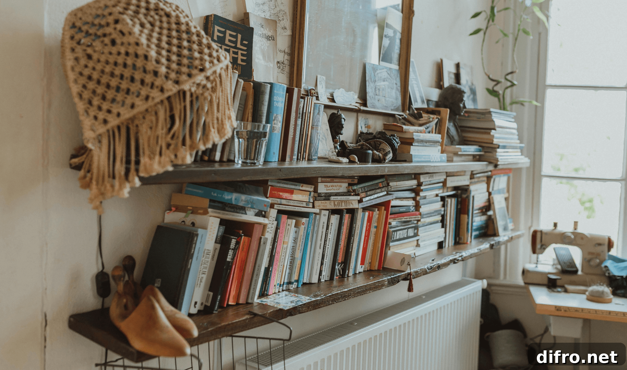 An angled photo of some wall-mounted, open book shelves with books and knick-knacks.