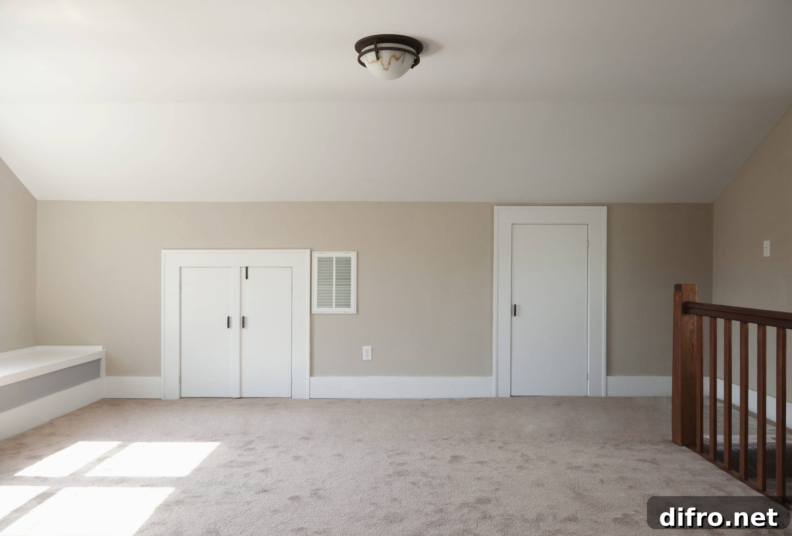 Why Neutral Paint Colors Make Homes Sell Faster 2 Empty attic room with beige walls, white trim and doors, carpeted floor, and a white ceiling.