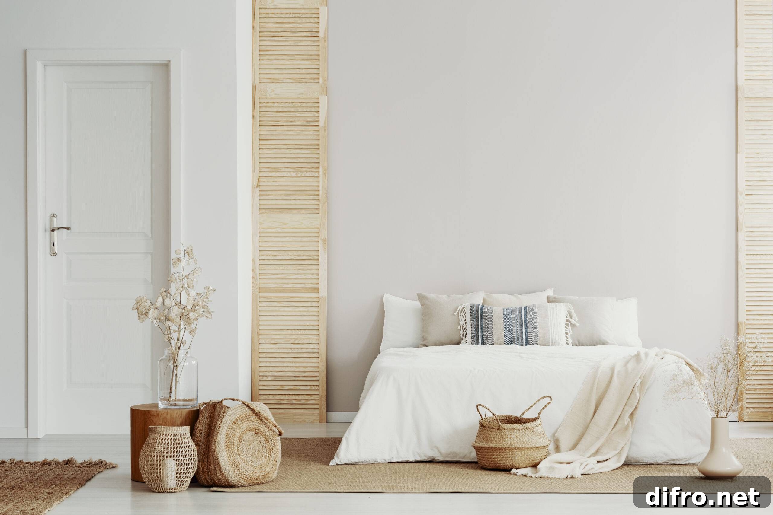 Why Neutral Paint Colors Make Homes Sell Faster 5 White bedroom interior with natural wooden accents and king size bed, copy space on empty wall