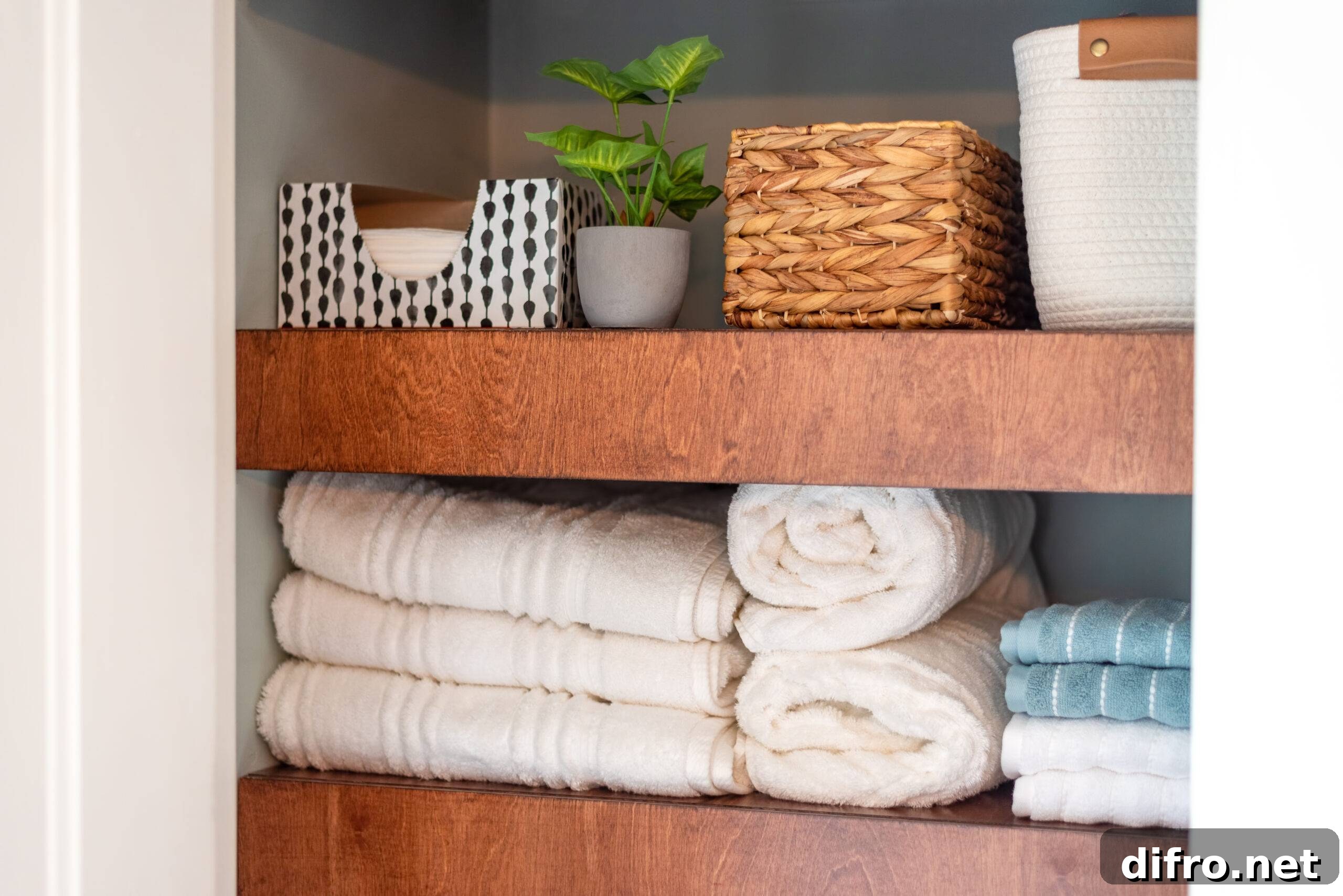 Neatly organized bathroom closet with floating wood shelves