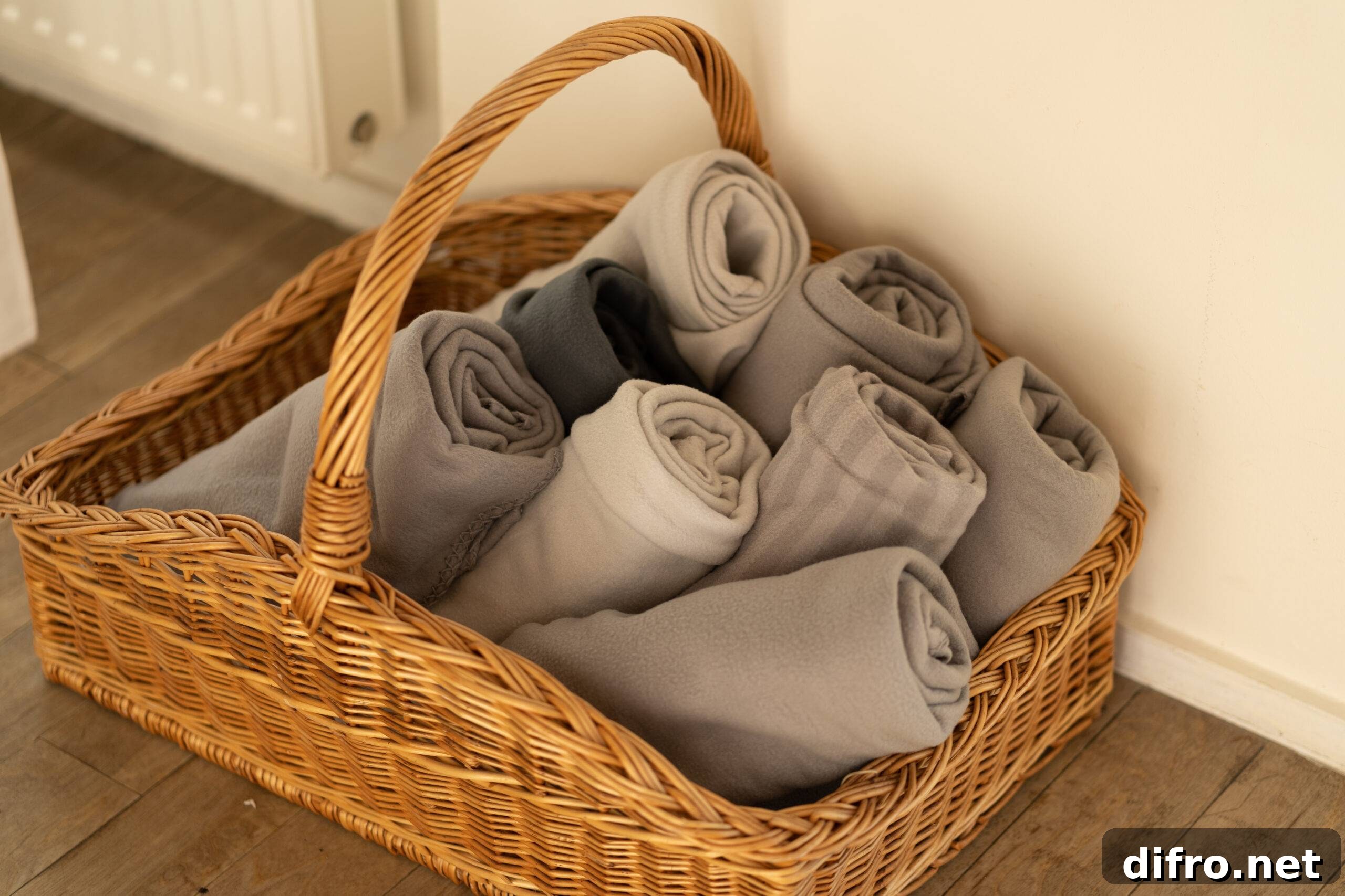 A wicker basket full of rolled up grey towels sitting on the floor.