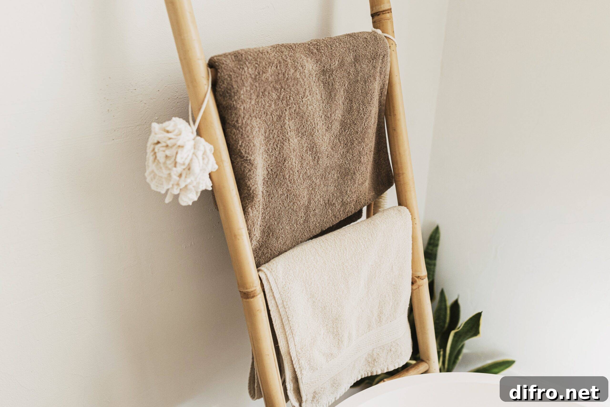 A bamboo towel ladder against a bathroom wall, holding towels.